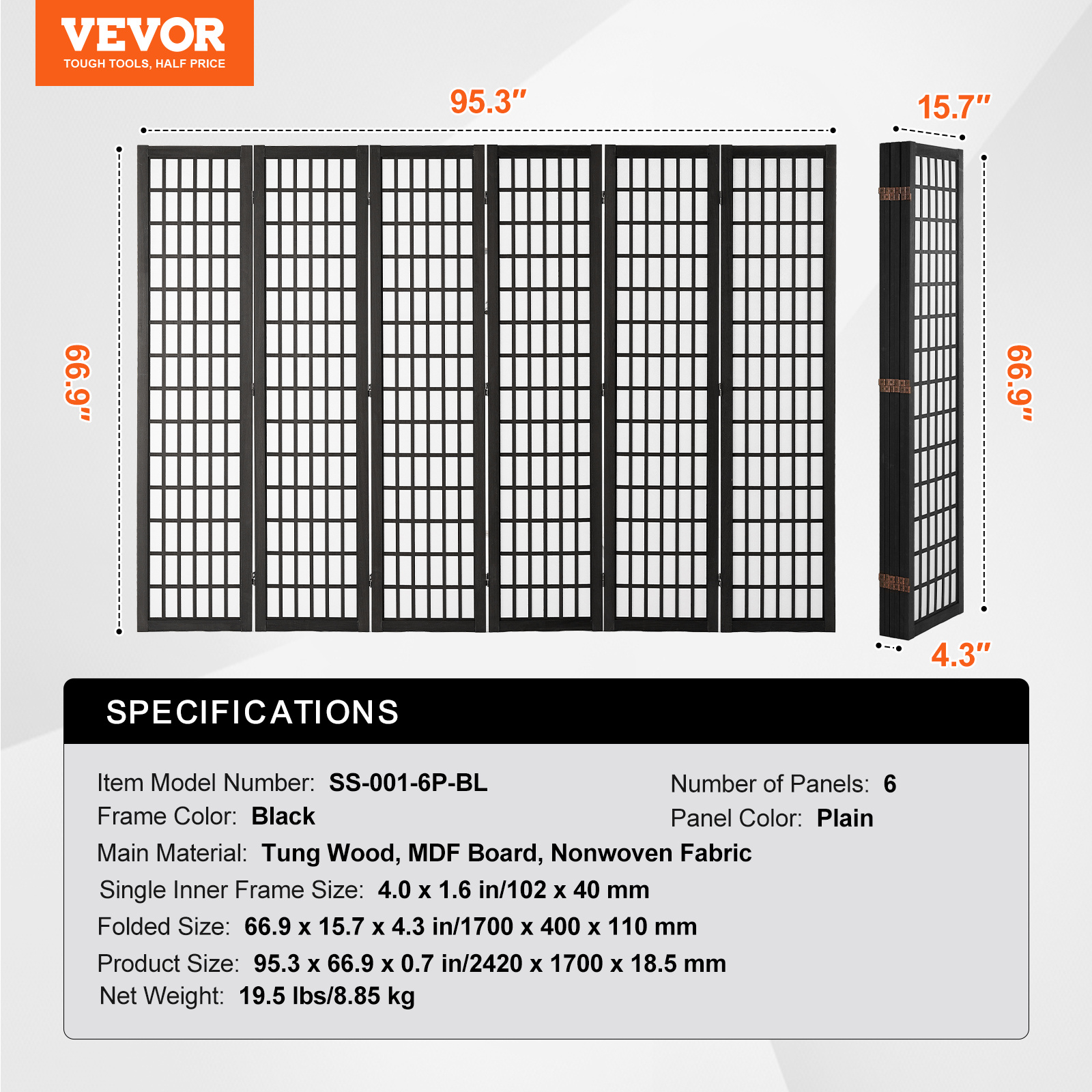 VEVOR Room Divider, 4 Panel / 6 Panel Japanese Room Divider, Folding Privacy Screen Indoor, Portable Partition Dividers and Decoration Screens, for Room Separation, Home, Office, Restaurant & Bedroom (Natural / Black)
