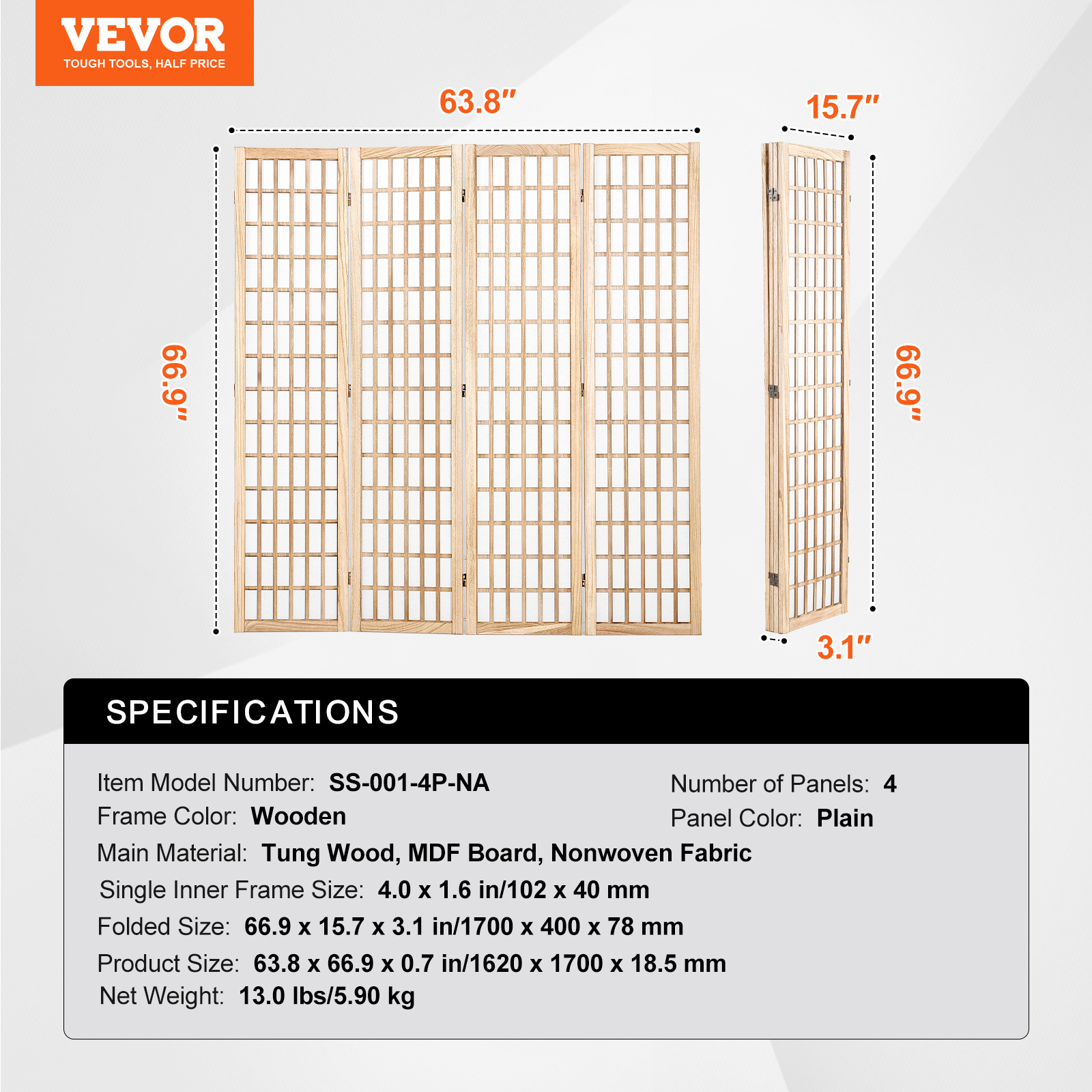 VEVOR Room Divider, 4 Panel / 6 Panel Japanese Room Divider, Folding Privacy Screen Indoor, Portable Partition Dividers and Decoration Screens, for Room Separation, Home, Office, Restaurant & Bedroom (Natural / Black)