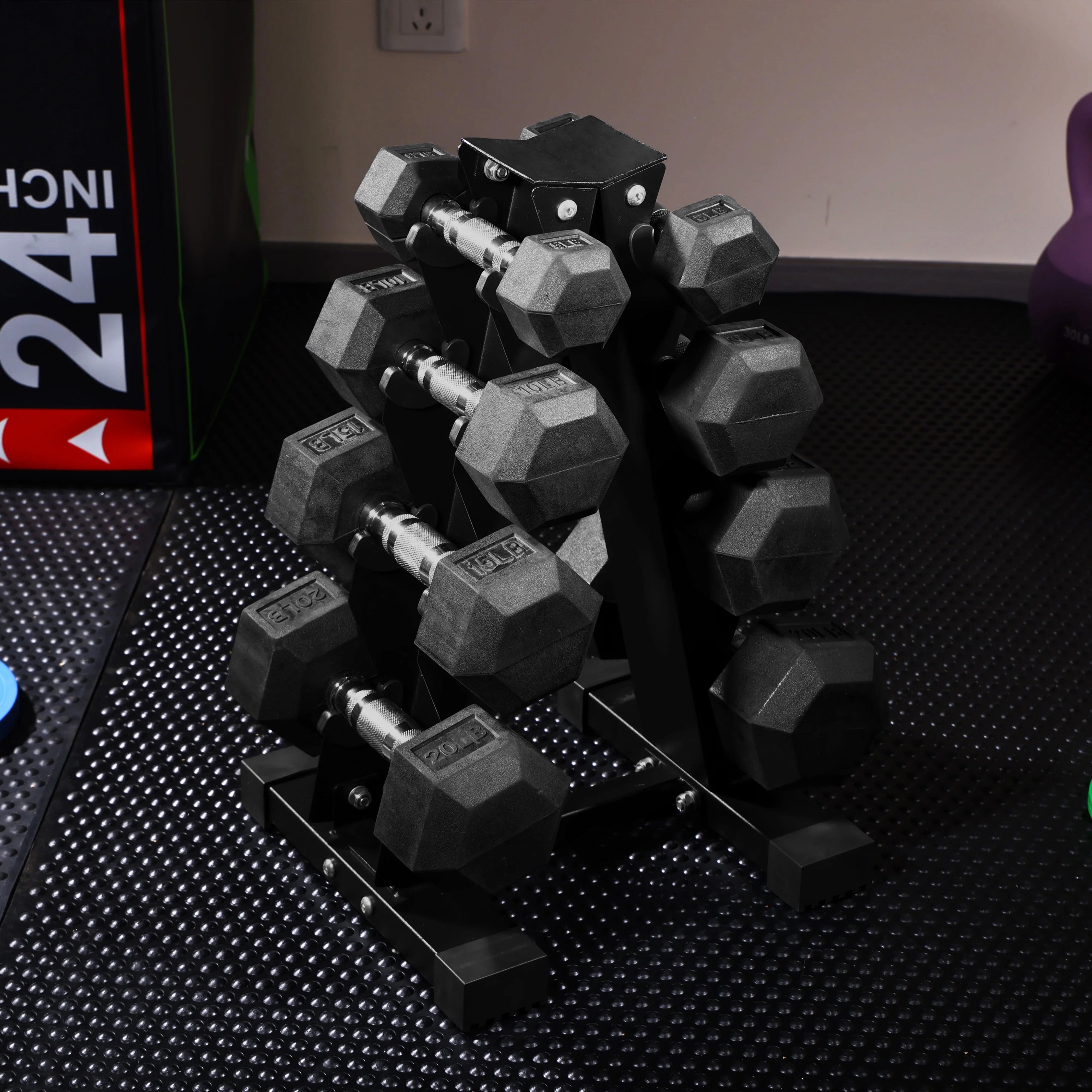 100LB Rubber Coated Hex Dumbbell Weight Set with A-Frame Rack, 5-20 lbs Pairs, A frame rack included