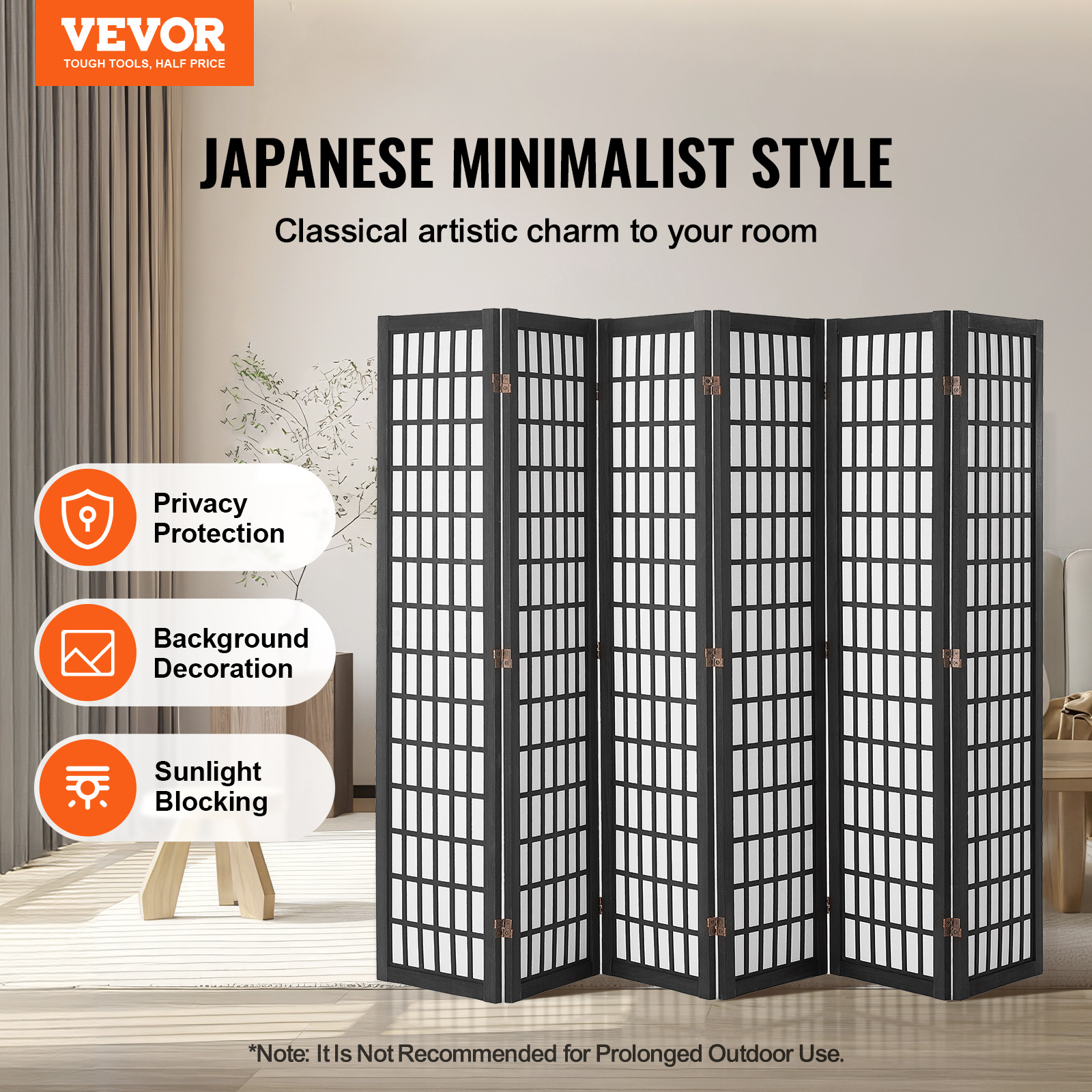 VEVOR Room Divider, 4 Panel / 6 Panel Japanese Room Divider, Folding Privacy Screen Indoor, Portable Partition Dividers and Decoration Screens, for Room Separation, Home, Office, Restaurant & Bedroom (Natural / Black)