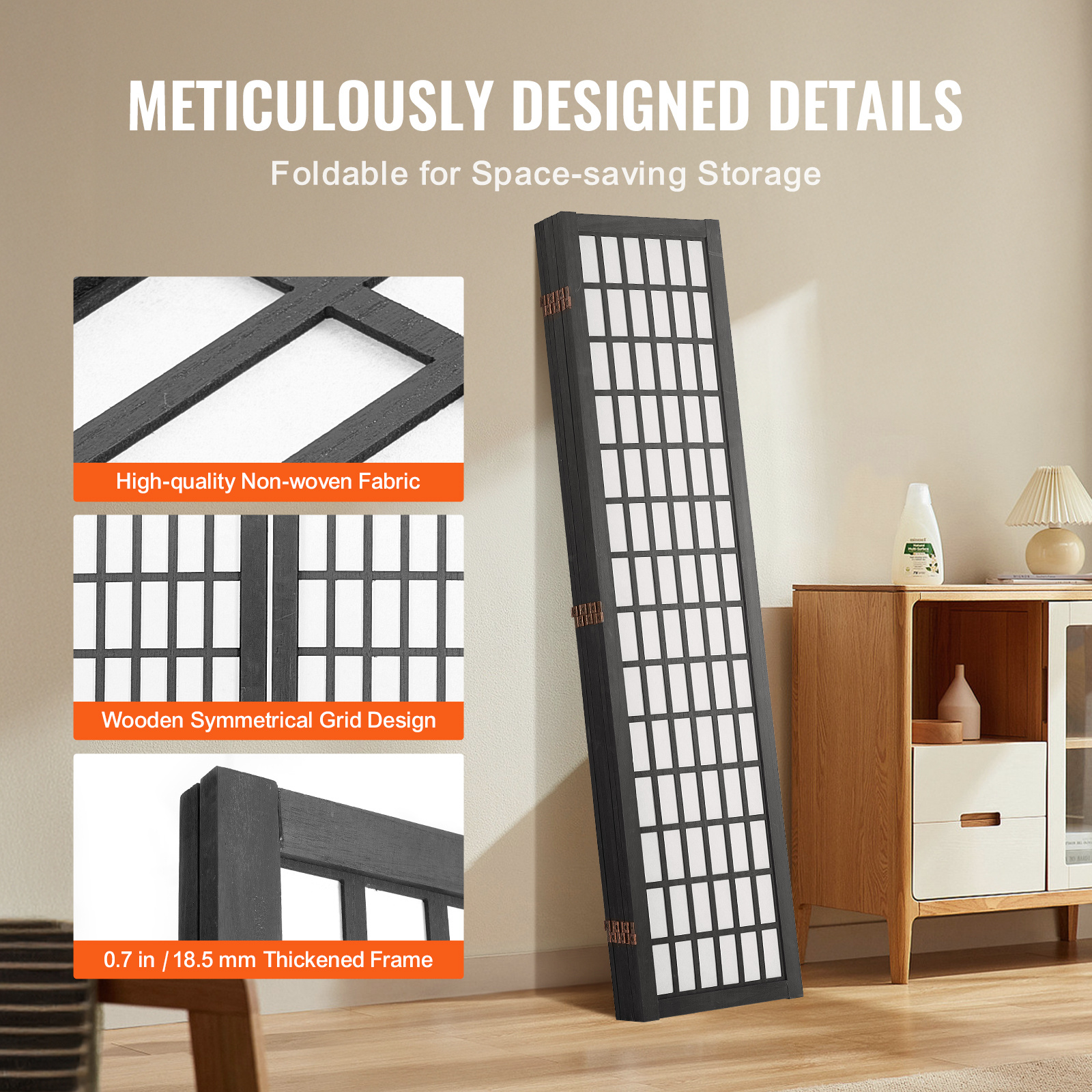 VEVOR Room Divider, 4 Panel / 6 Panel Japanese Room Divider, Folding Privacy Screen Indoor, Portable Partition Dividers and Decoration Screens, for Room Separation, Home, Office, Restaurant & Bedroom (Natural / Black)