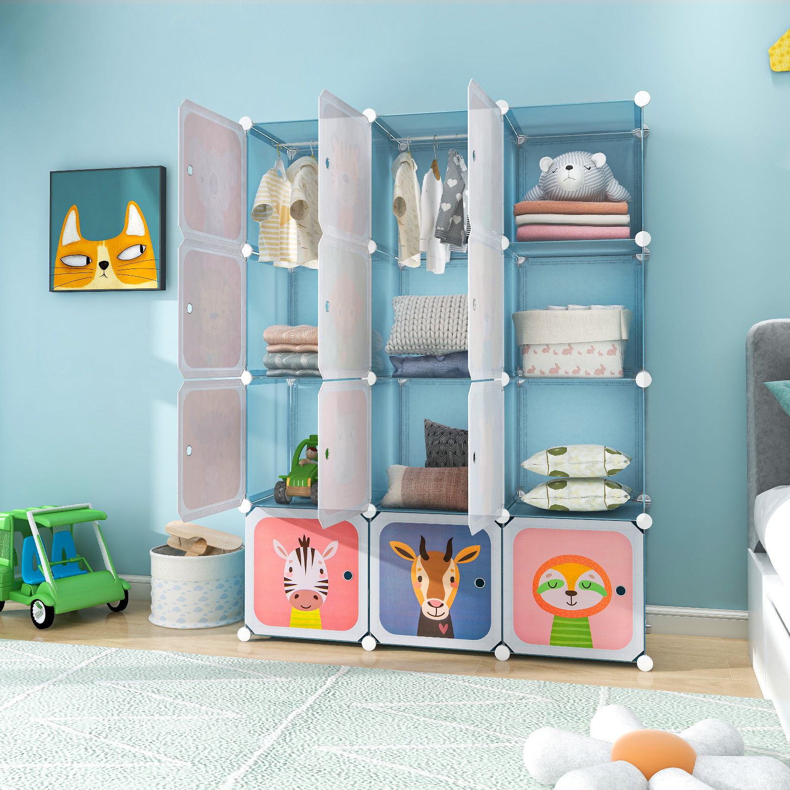 COSYWAY 12-Cube Kids Wardrobe Baby Dresser Bedroom Armoire Clothes Hanging Closet w/Door