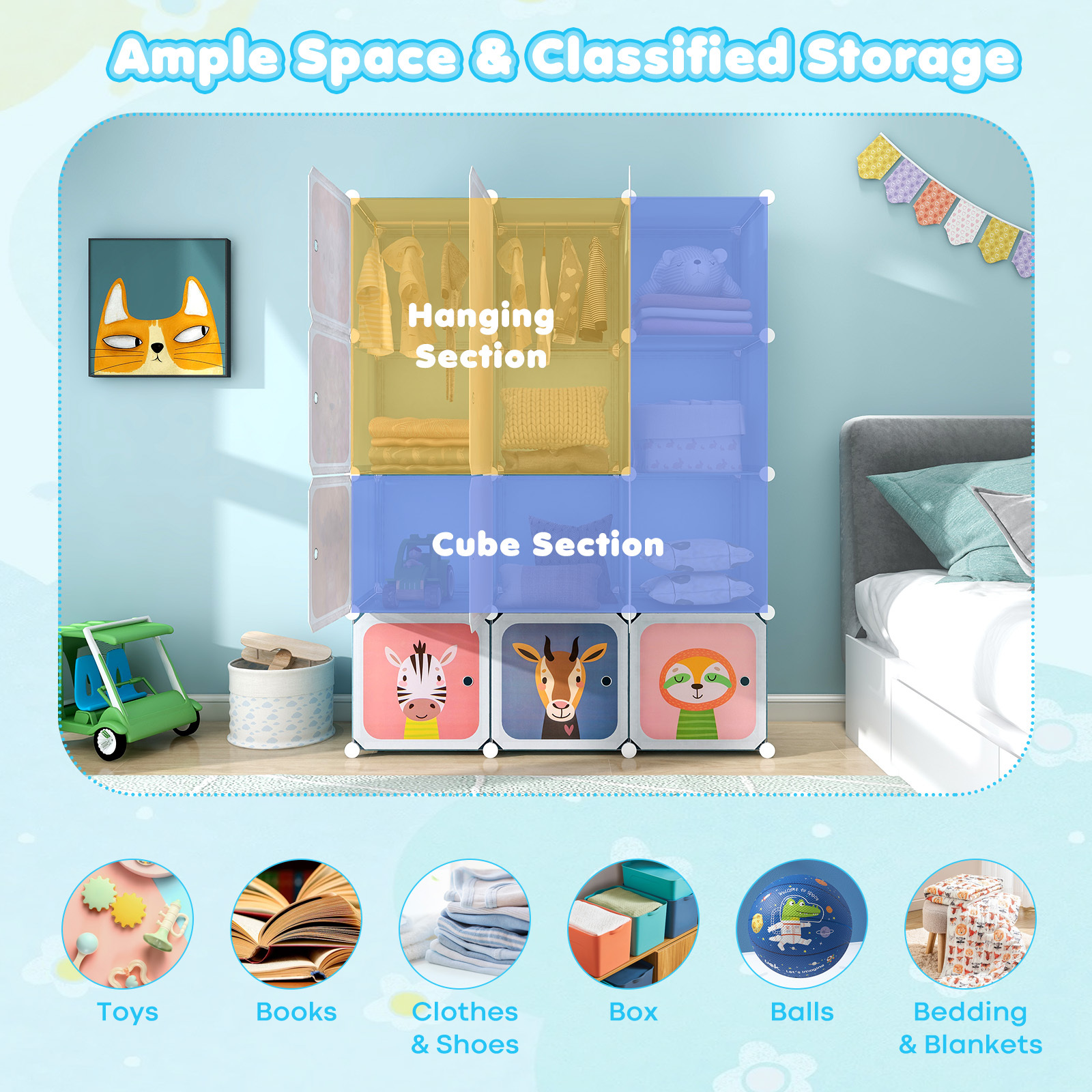 COSYWAY 12-Cube Kids Wardrobe Baby Dresser Bedroom Armoire Clothes Hanging Closet w/Door