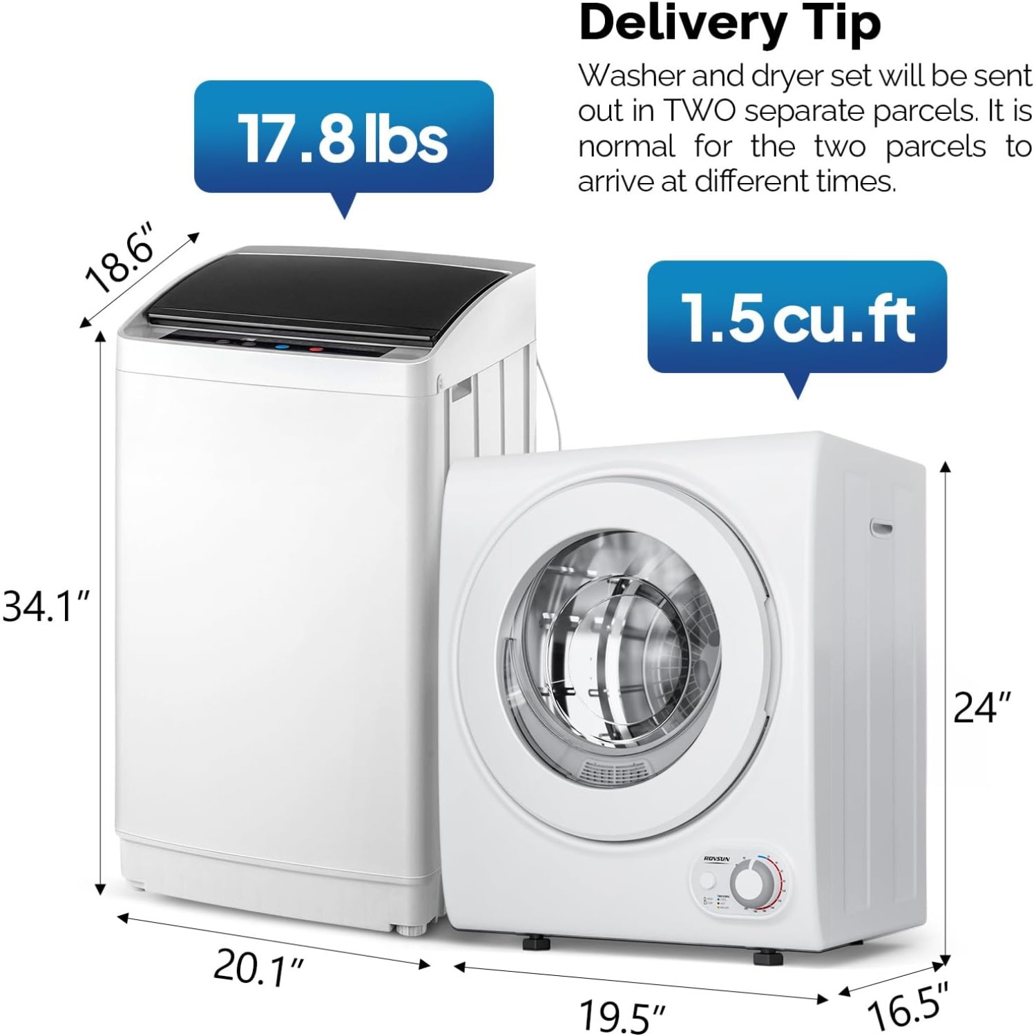 17.8LBS Washing Machine & 1.5CuFt Dryer Combo / Compact Laundry Set with Stainless Steel Tub / Smart Control, Quick Wash/Dry, Noise-Free /Apartment, Dorm, RV, Home Ideal for Small Spaces