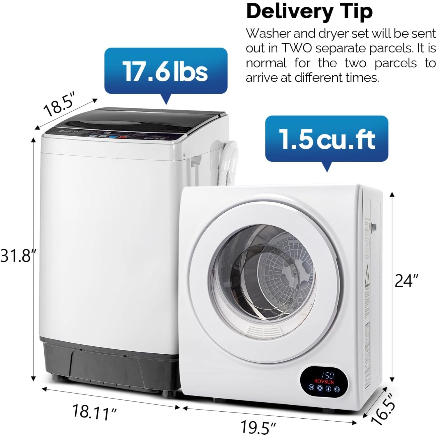 17.8LBS Washing Machine & 1.5CuFt Dryer Combo / Compact Laundry Set with Stainless Steel Tub / Smart Control, Quick Wash/Dry, Noise-Free /Apartment, Dorm, RV, Home Ideal for Small Spaces