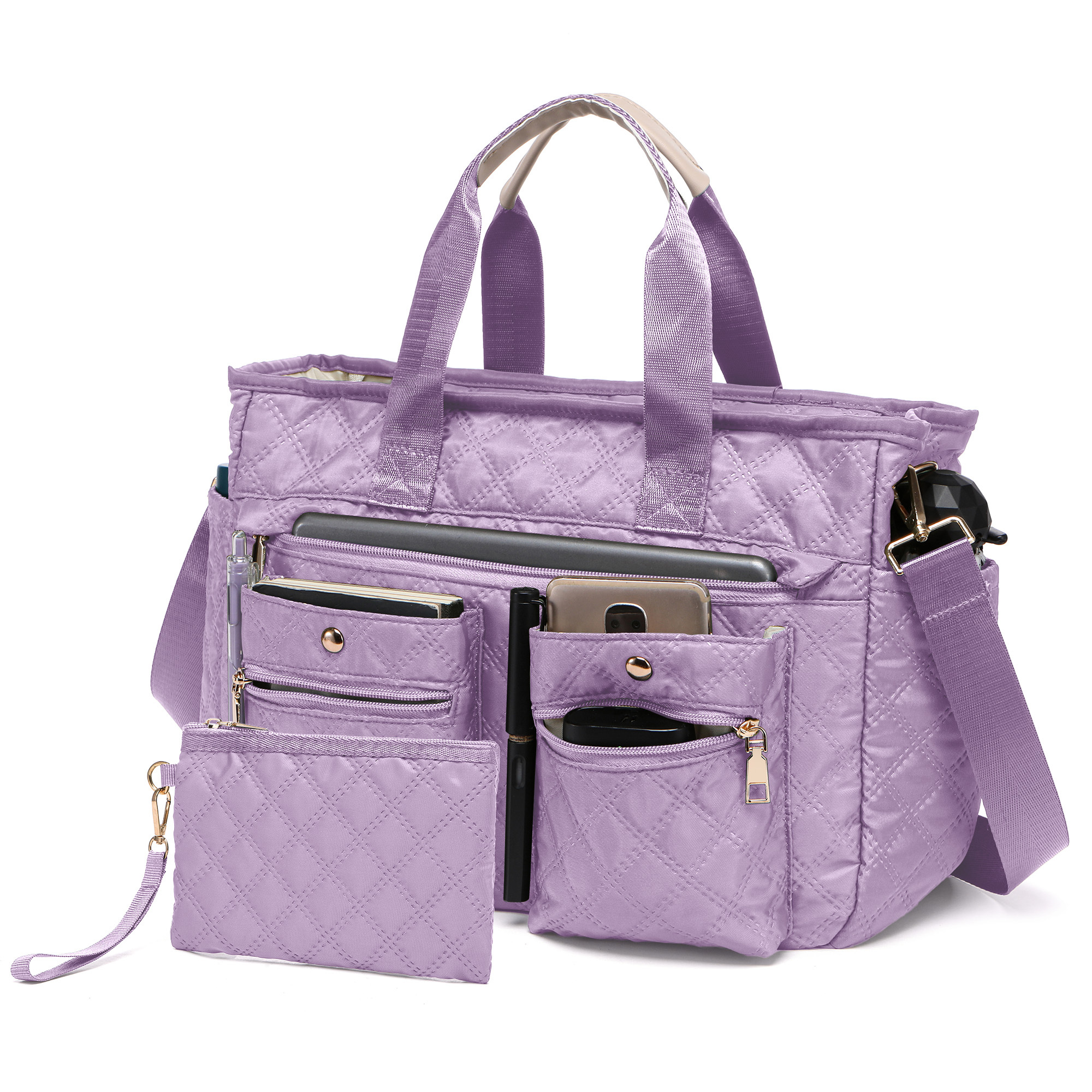 TEMU Large Lightweight Quilted Nylon Tote Bag Set (2pcs) For Women, Laptop Work Bags Crossbody Shoulder Hobo Messenger Handbag Purse Travel Gym Totes