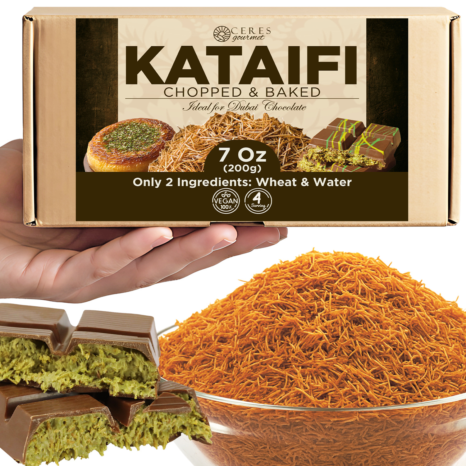 Cooked & Crushed Kataifi Shredded Fillo Dough (Kadayif/Knafeh), Ready-to-Use Katafi Pastry Topping for Dubai Chocolate Desserts, Vacuum-Sealed for Freshness – 7oz