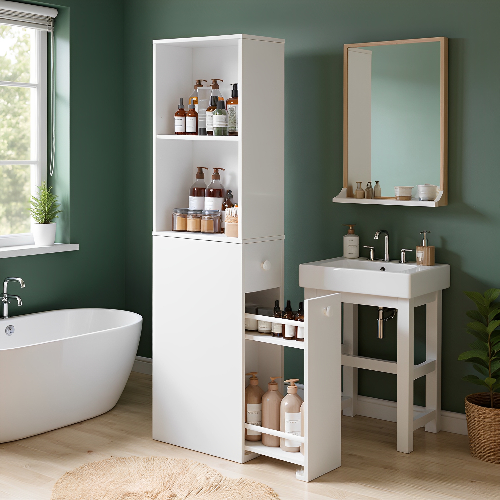 TEMU Adjustable Slim Bathroom Cabinet With 2 Drawers - Narrow Storage Organizer For Small Bathrooms, Classic White Particle Board | Space-saving & Sturdy