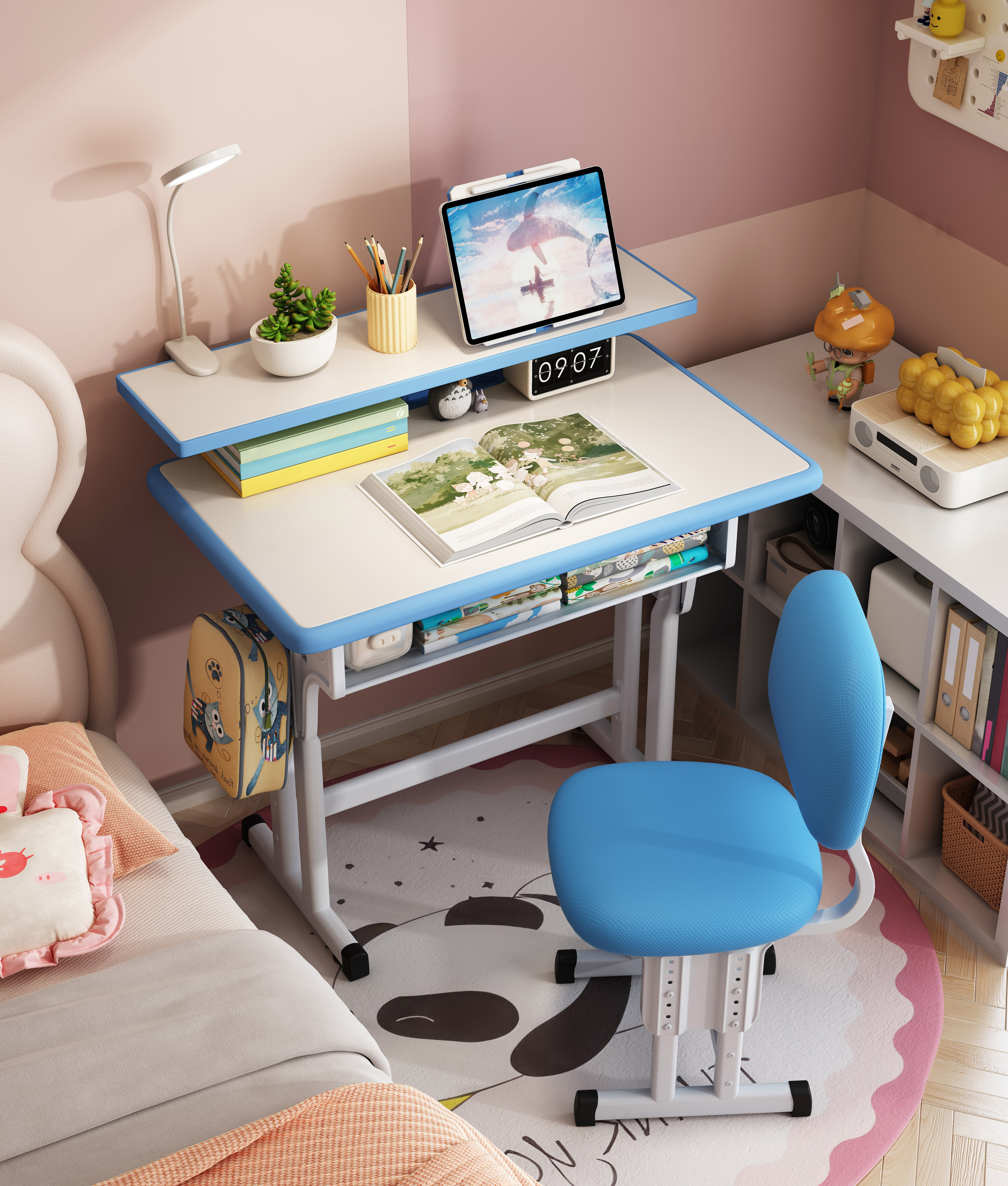 Kids Desk and Chair Set, Height Adjustable Children Bedroom Study Desk, Can Directly for Drawing Desktop, Book Stand, Large Storage Drawer for Boys & Girls (Gray)