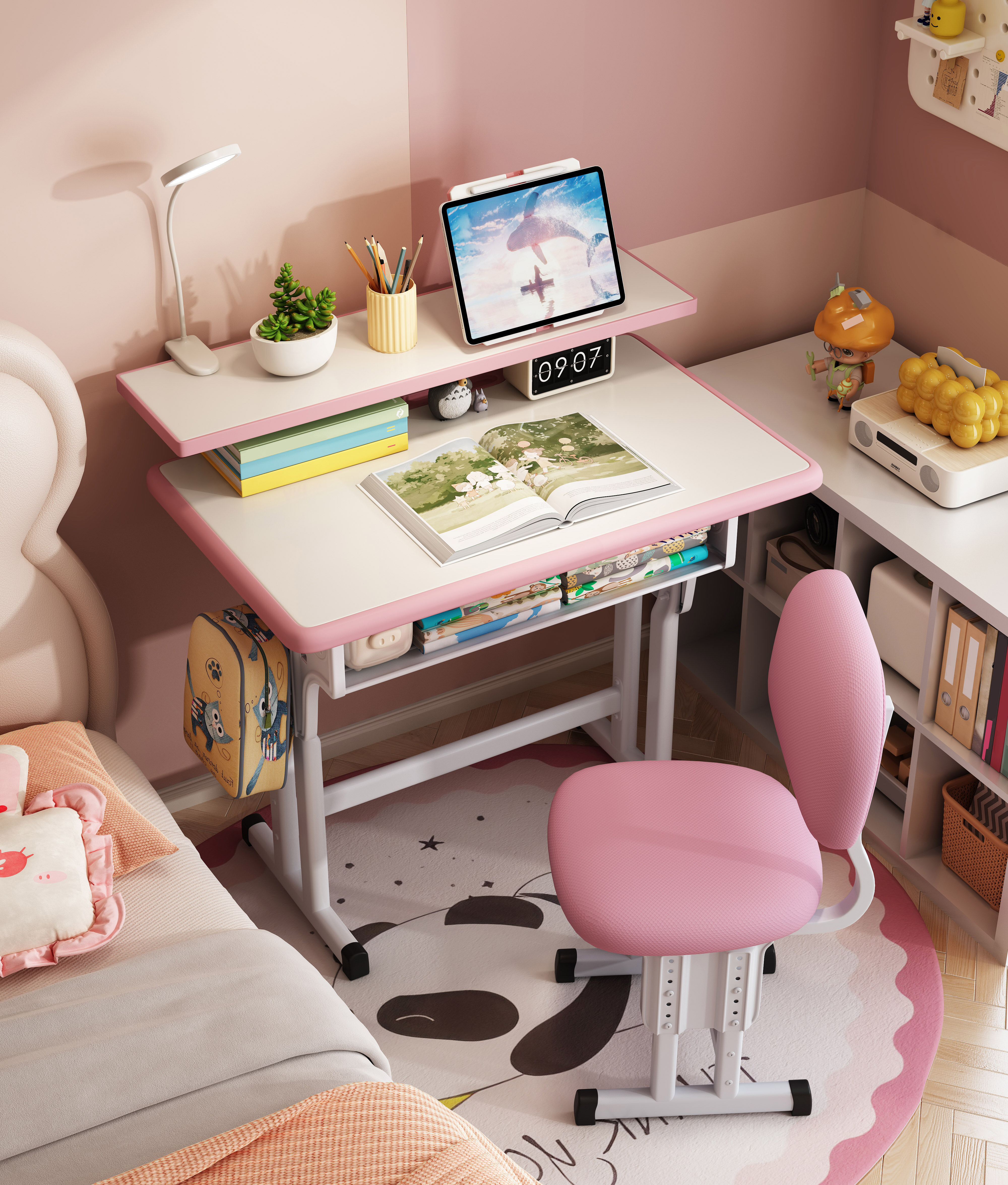 Kids Desk and Chair Set, Height Adjustable Children Bedroom Study Desk, Can Directly for Drawing Desktop, Book Stand, Large Storage Drawer for Boys & Girls (Gray)