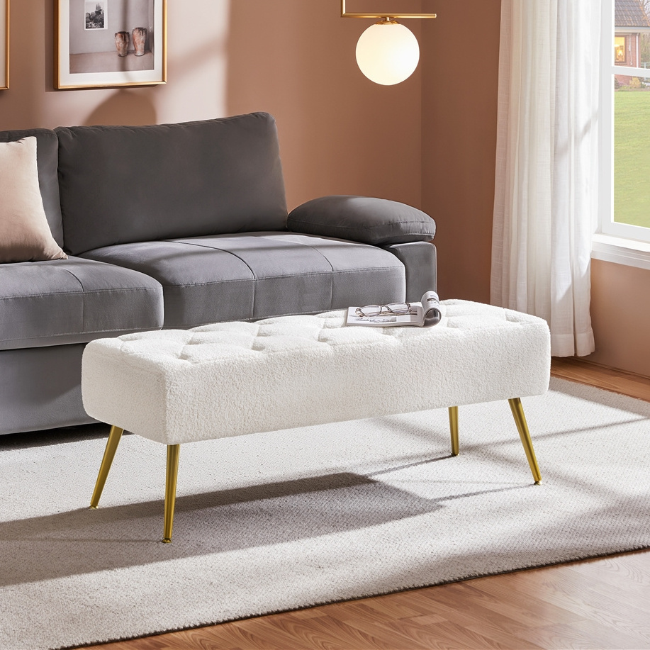 TEMU Lamb Wool Ottoman Footstool Bench, Modern Button-tufted Table Bench, Upholstered Footrest Stool With Metal Legs For Living Room, Bedroom