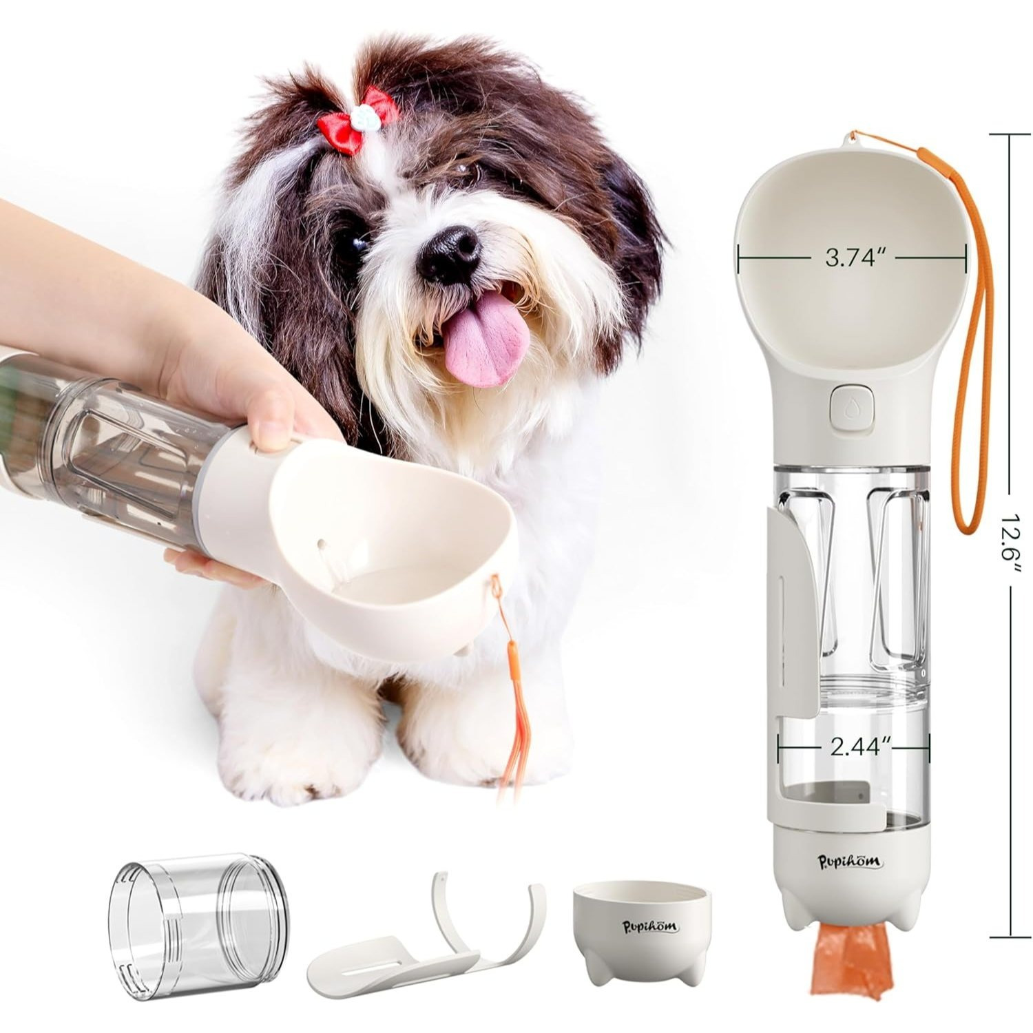 3 In 1 Portable Dog Water Bottle, Outdoor Dog Water Dispenser With Poop Bag, Pet Travel Water Bottle Dispenser With Drinking Feeder And Food Container For Dogs Walk Travel