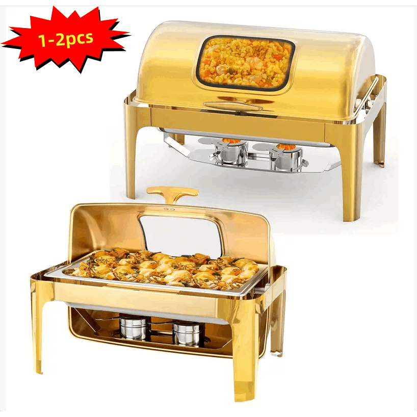 TEMU Meffir 9qt Commercial Gold Rolled Top Buffet Set - Stainless Steel Rectangular Food Warmer W/thick Frame - Heavy Duty Chafing Dish Heater System