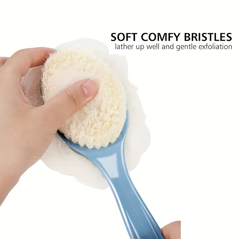 3 pack back shower body brushes shower body brush with bristles and loofah back scrubber bath mesh sponge for wet or dry long handle for light beige exfoliating bath exfoliating light beige for men and women blue Product details 4