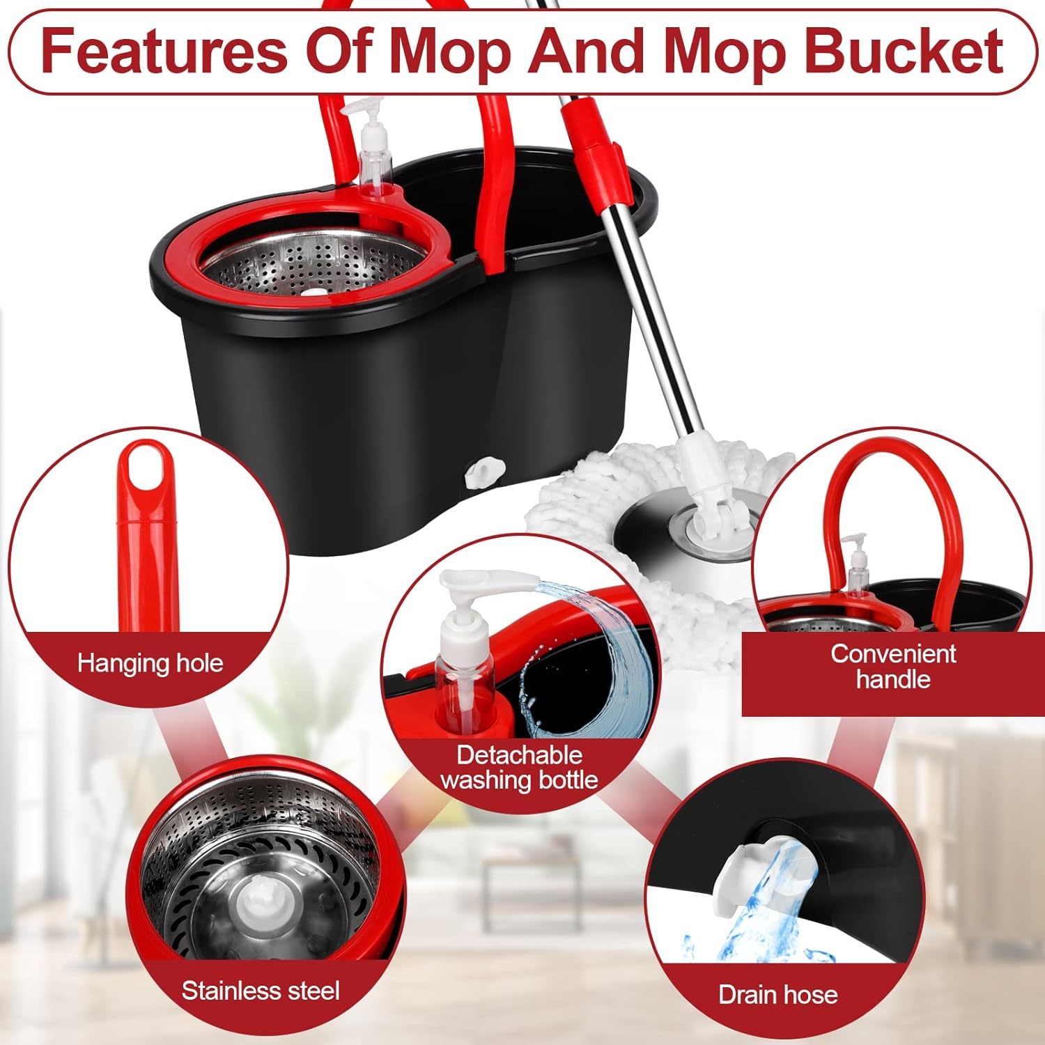 Spin Mop and Bucket with Wringer Set, 360° Spinning Mop Bucket System with 4 Microfiber Mop Replacement Heads and Stainless Steel Adjustable Handle for Floor Cleaning 9 Spin Mop and Bucket with Wringer Set, 360° Spinning Mop Bucket System with 4 Microfiber Mop Replacement Heads and Stainless Steel Adjustable Handle for Floor Cleaning