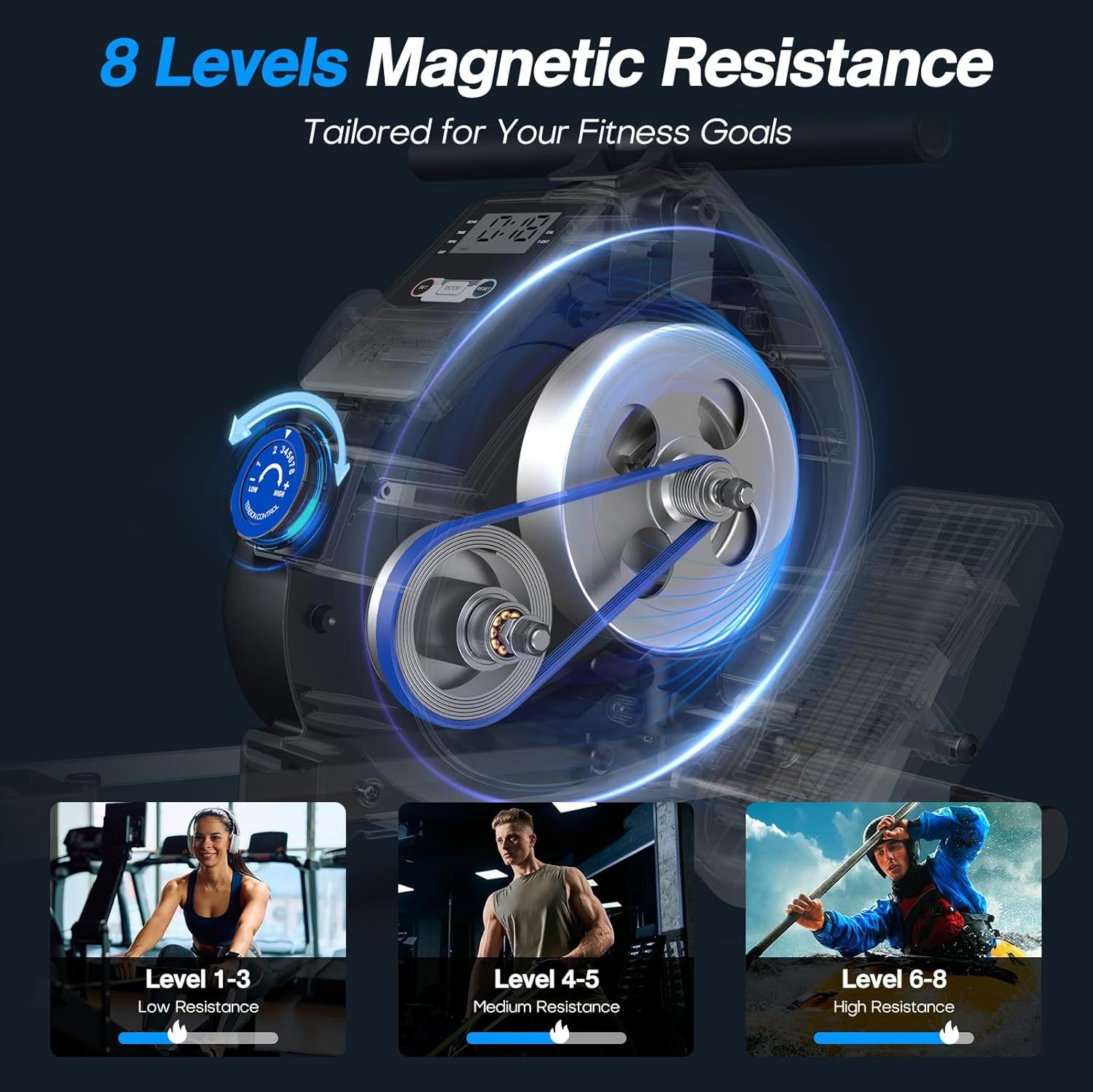 Rowing Machines,Magnetic Rowing Machine for Home Adjustable Resistance 8-Speeds, for Leg and Butt Toning,LED Display,Supports Up to 265 LBS Foldable Design for Easy Storage