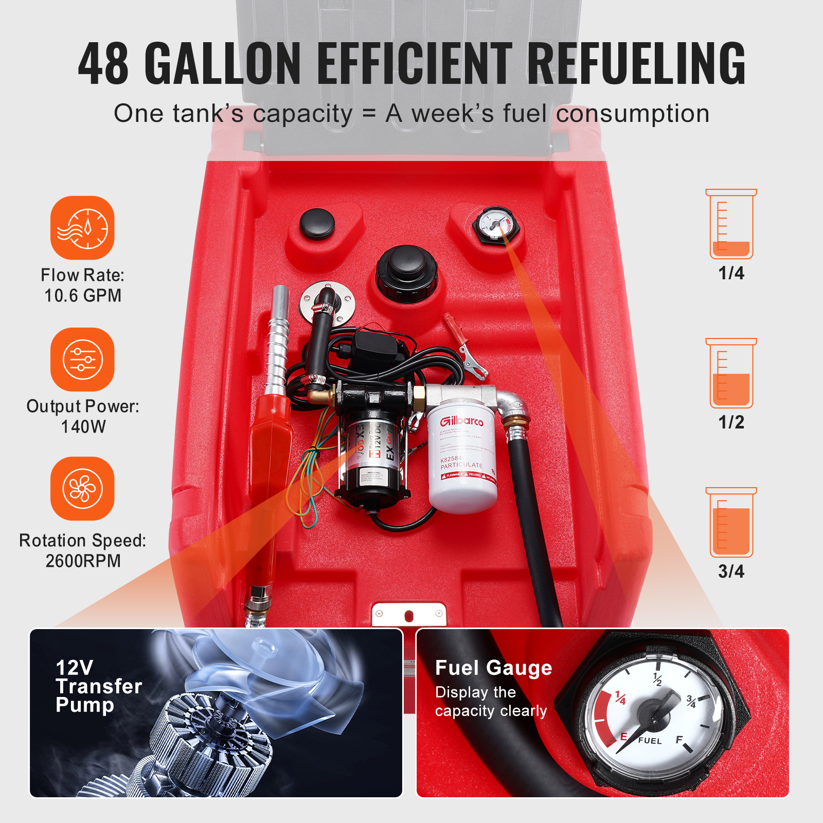 portable     gal fuel tank with 12v electric transfer pump orange red Product details 12