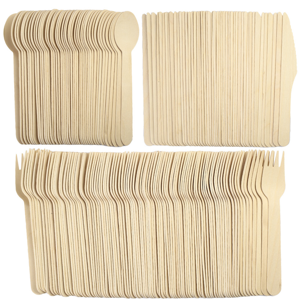 TEMU 200pcs Disposable Wooden Cutlery Set, Includes 100 Forks, 50 Spoons, 50 Knives, Mixed Wood Utensils Kit For Dinner Parties, Camping, Picnics,
