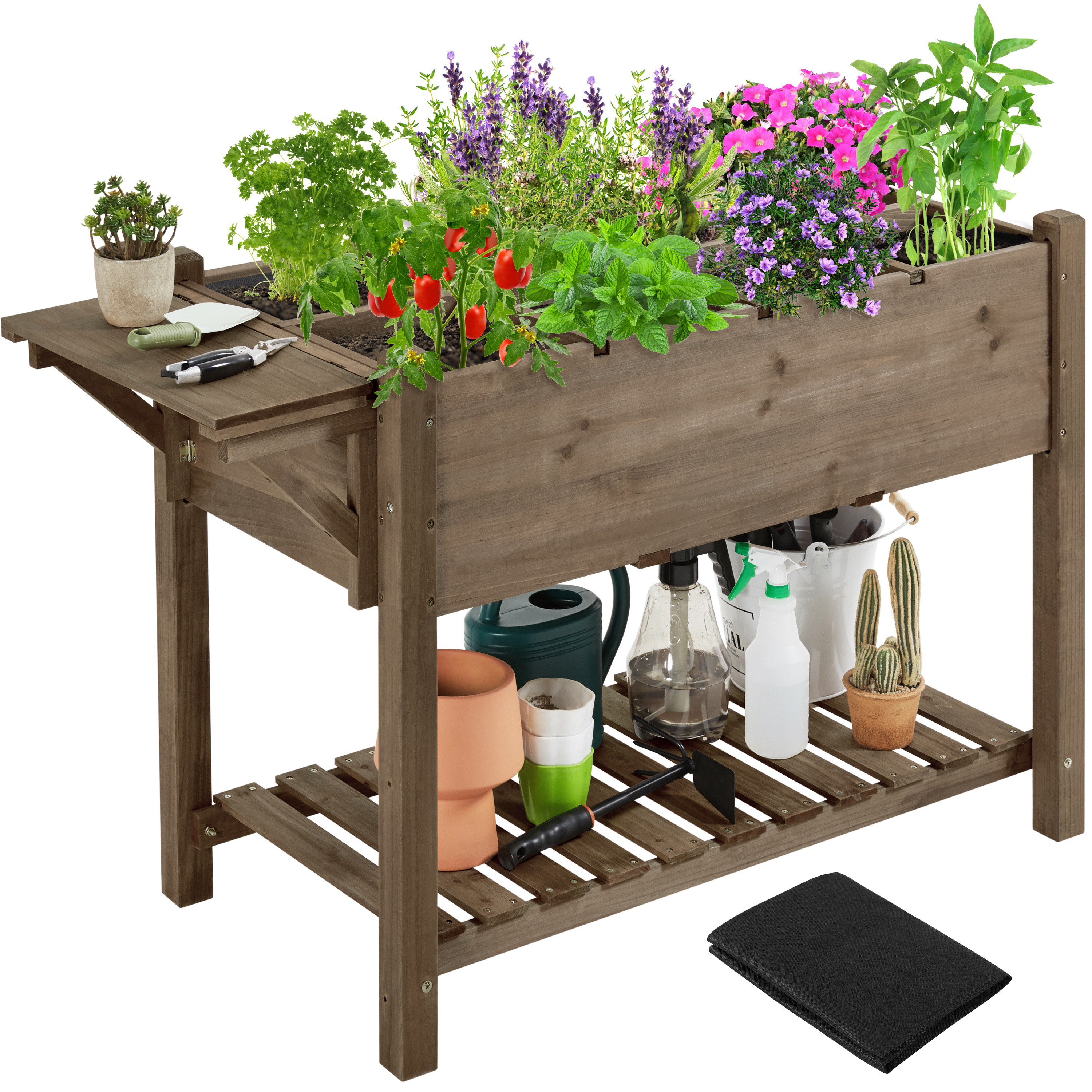Costoffs 48x22x32in Wood Elevated Garden Bed Raised Planter Box Planter Stand with Side Tabletop/Removable Grow Grids/Fabric Inner Liner for Yard/Garden/Greenhouse, Light Brown/Dark Brown