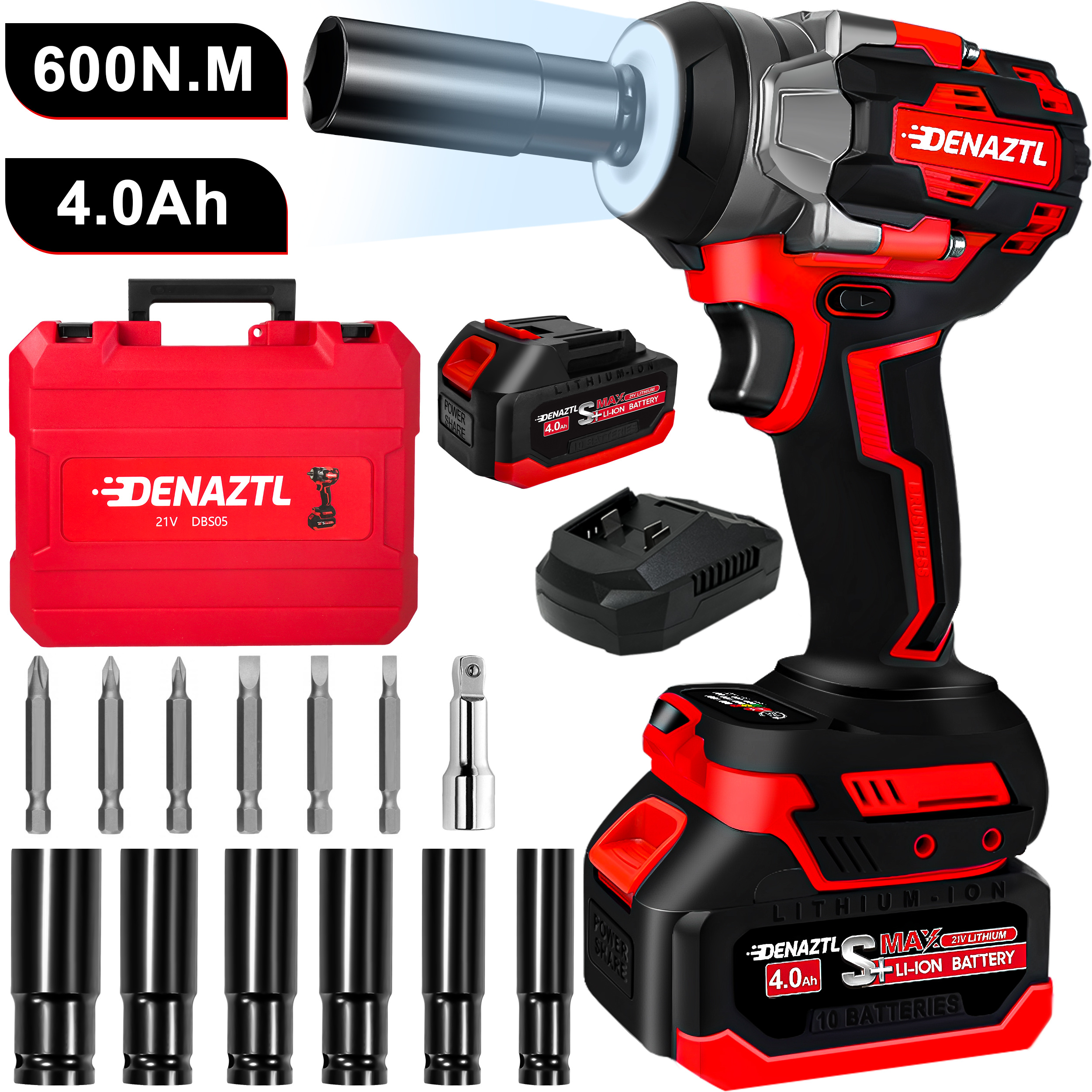 

Impact Wrench Cordless, 1/2 Inch Brushless Power Impact Driver, Torque 450 Ft-lbs (600n.m) With 4.0ah Battery, Charger, 6 Sockets And Full Accessory, 21v Electric Impact For