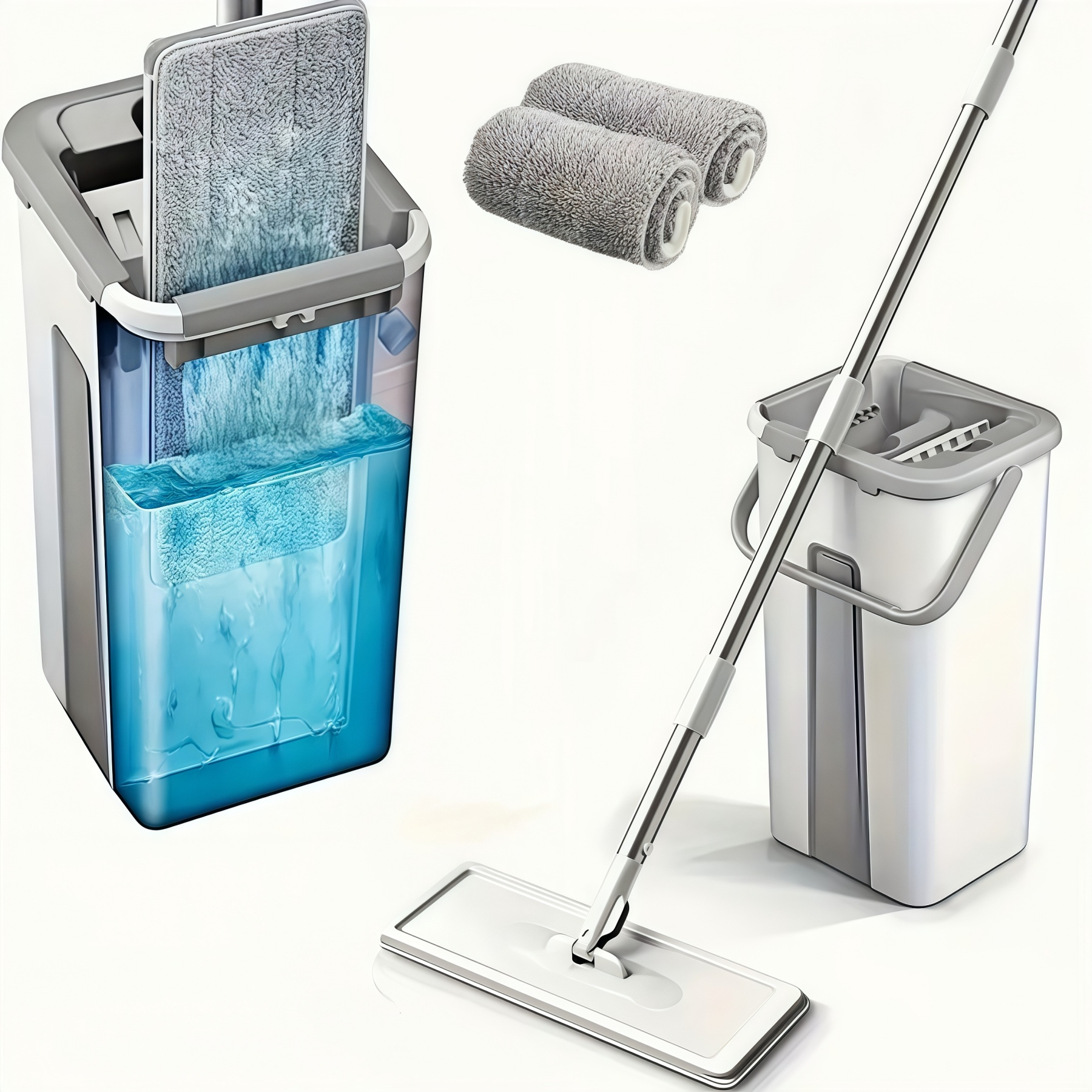 

Mop And Bucket Set With Wringer, Hands- Mop And Bucket, Washable Microfibre Pads, Wet And Dry, Floor Cleaning System