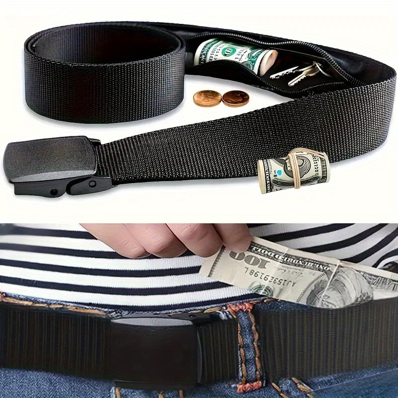 

Tsa-approved Belt With Hidden Money Pocket - Anti-theft Nylon Wallet Belt, Concealed Zipper, Multifunctional Accessory With Plastic , Black - 1 Pack