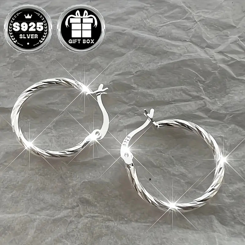 

S925 Sterling Silver Minimalist Geometric Twist Hoop Earrings, Suitable For Girls In Daily, Party, Holiday Use, Valentine's Day Gifts