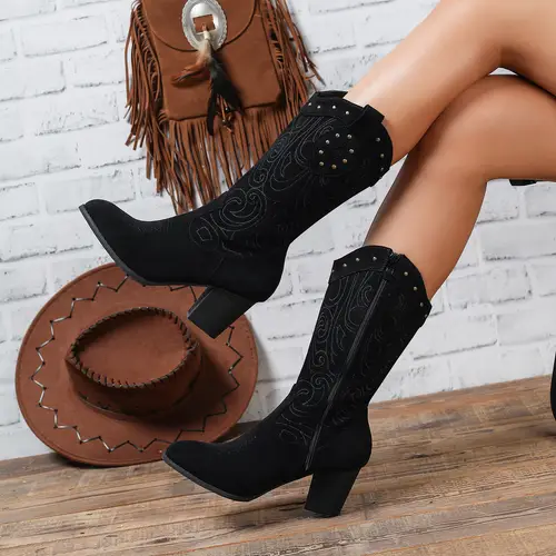 womens new casual fashion retro west cowboy pointed toe side zipper block heel studs womens boots