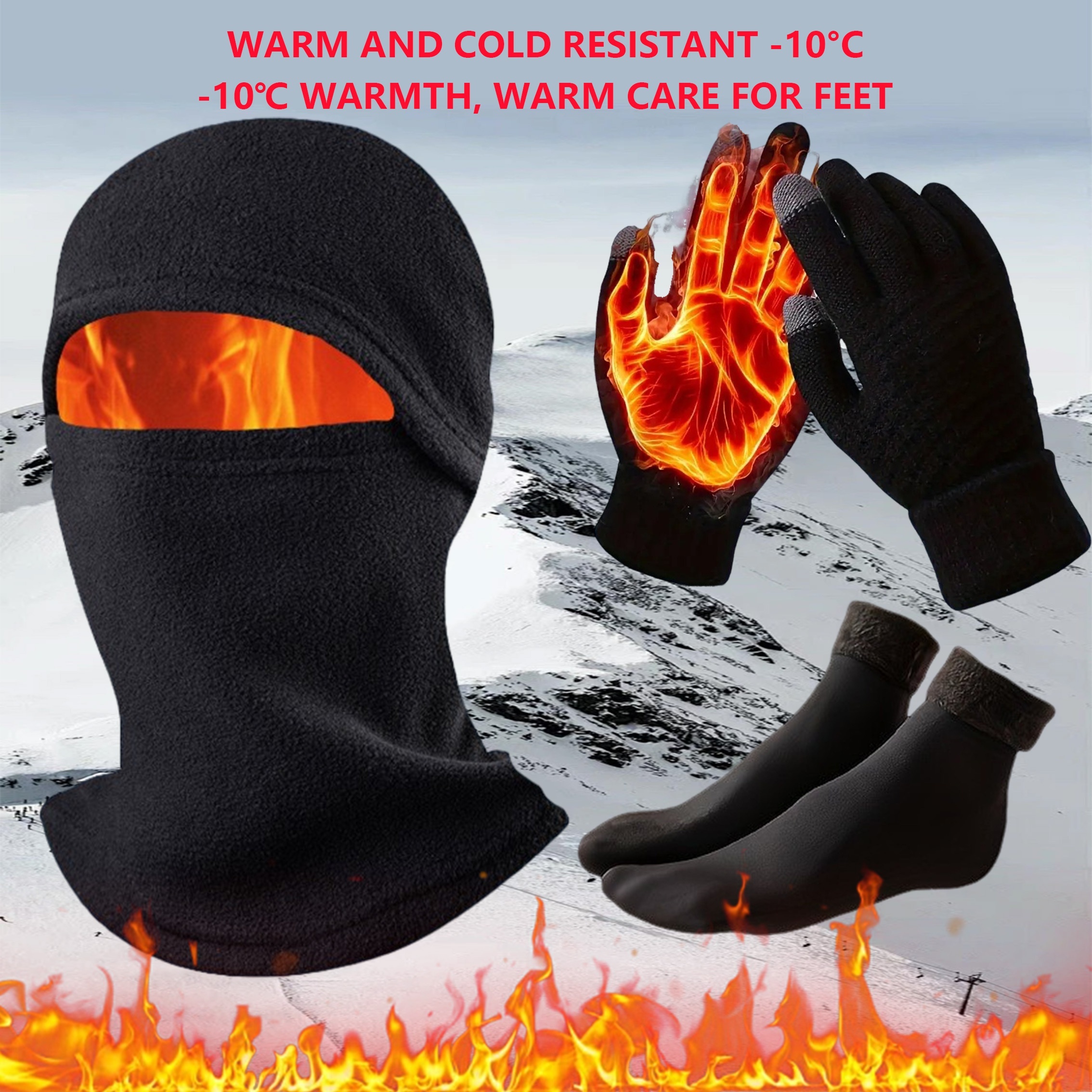 

3pcs Set: Touchscreen-friendly Gloves, Fleece-lined Socks & Balaclava With Ear Protection - Polyester, Warm And Cold Resistant For Outdoor Activities, Winter Clothes