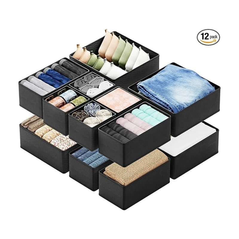 

12-pack Drawer Organizer Bins, Closet Storage Dividers For Clothes, Baby Items, Underwear, Socks, And Accessories, Black