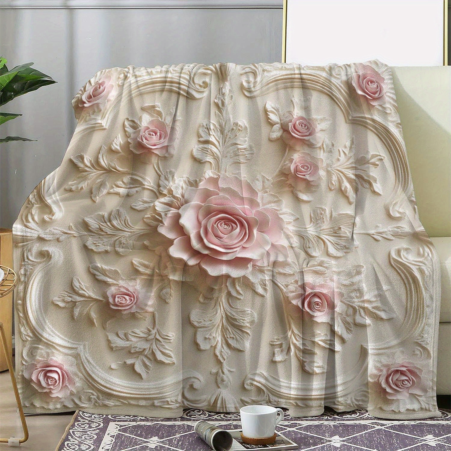 

Luxury Flannel Blanket, Embossed Rose Floral Soft And Comfortable For Sofabed Car Office Camping And Travel Elegant , Perfect