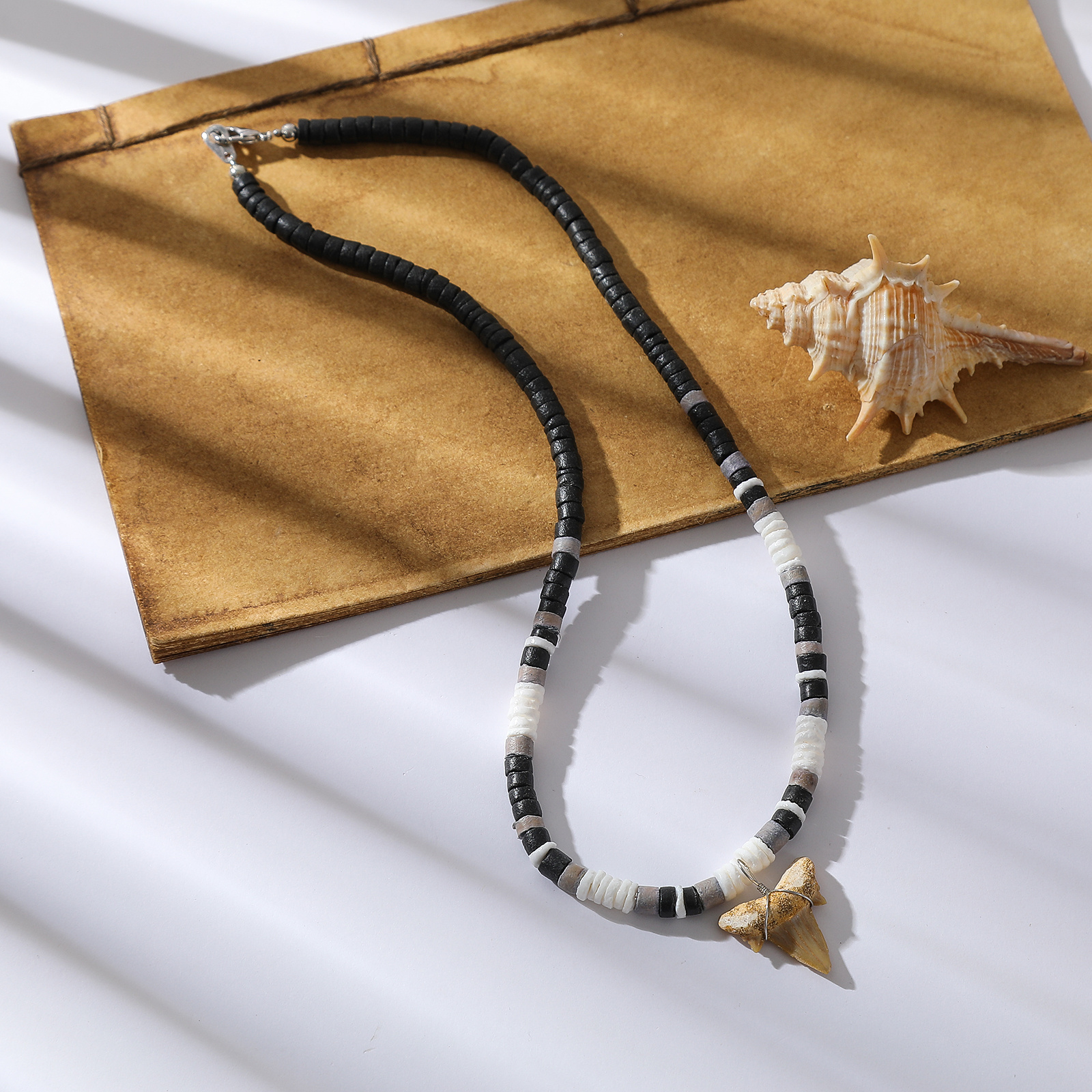 TEMU 1 Pc Tooth Fossil Pendant W Black, White, And Grey Coconnut Beaded Necklace, Ocean- For Men And Women, Perfect Gift For Birthdays/anniversary/