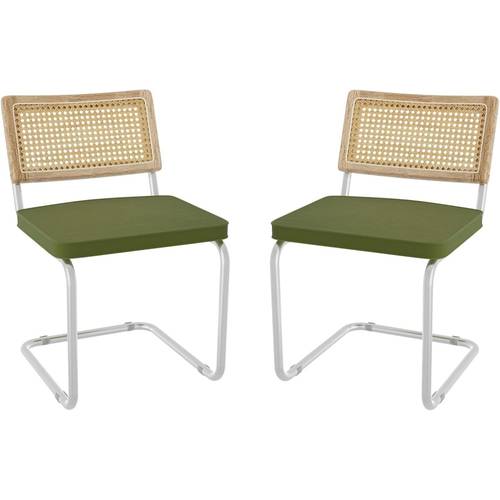 2 3pcs rattan backrest dining chair century modern natural wood upholstered seat with metal legs for home dining room kitchen olive green