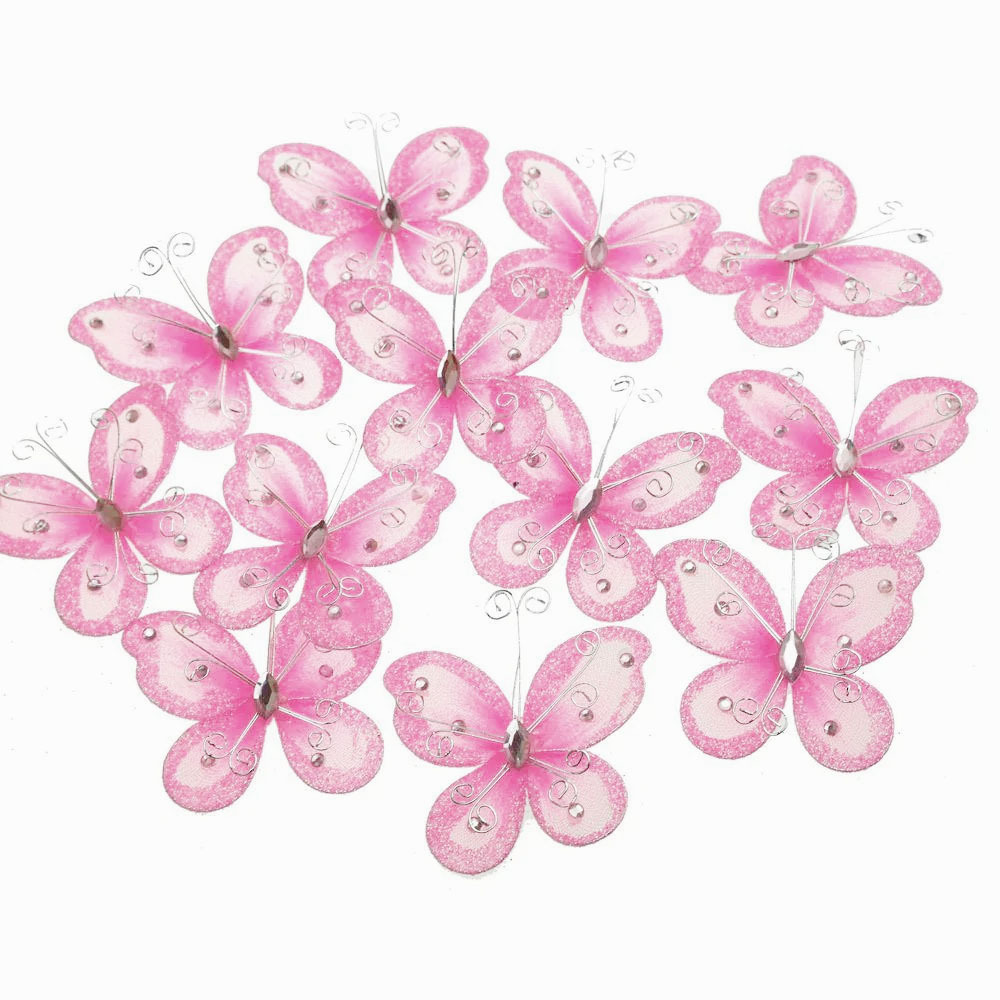 

24 Pieces Organza Nylon Mesh Wired Glitter Butterflies , Size 2-inch Great For Party Decoration, Crafting And More