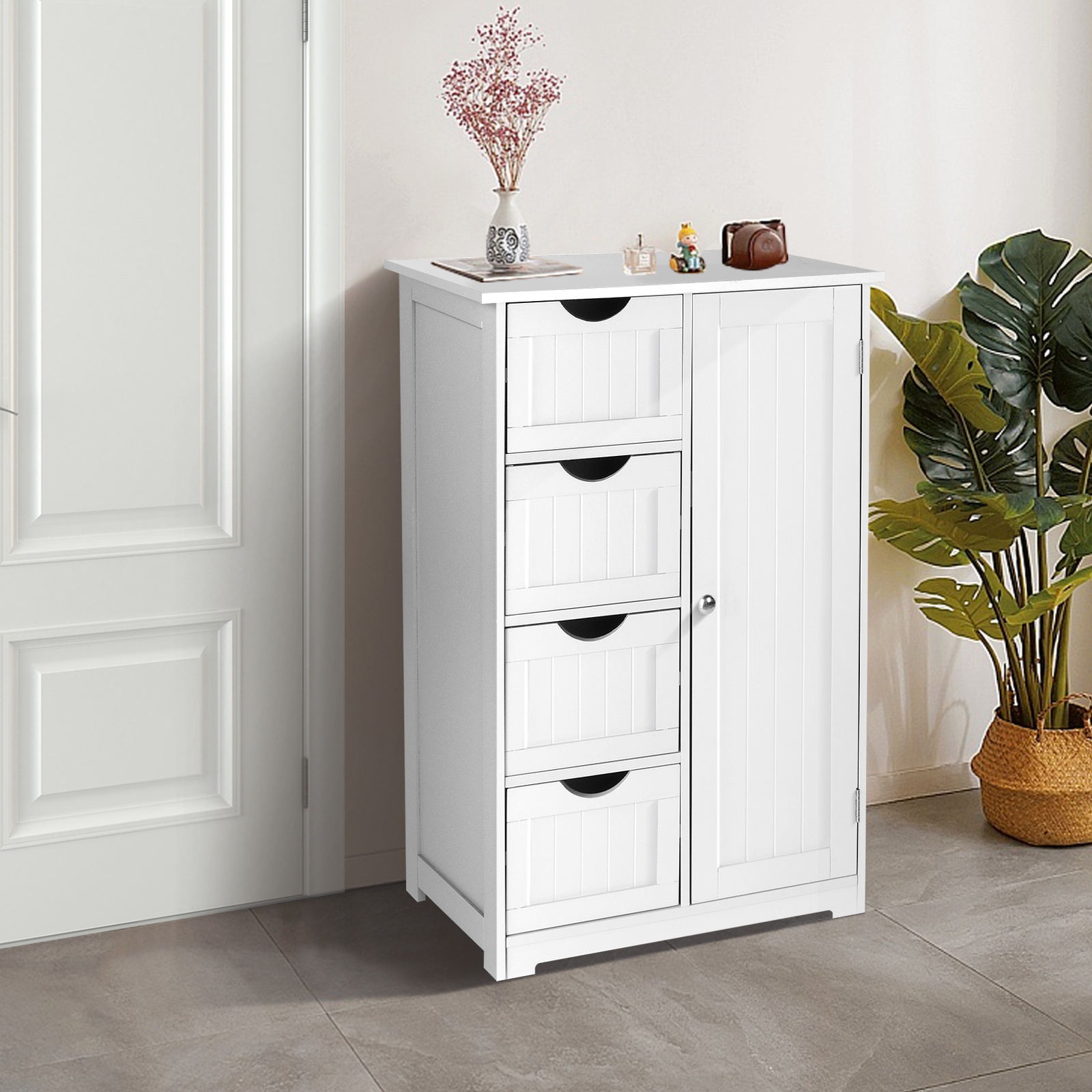 TEMU Bathroom Storage Cabinet With 4 Drawers 1 Cupboard Side Storage With Adjustable Shelf, Wood Bathroom Floor Cabinet With Drawers For Kitchen, Entryway, Bedroom