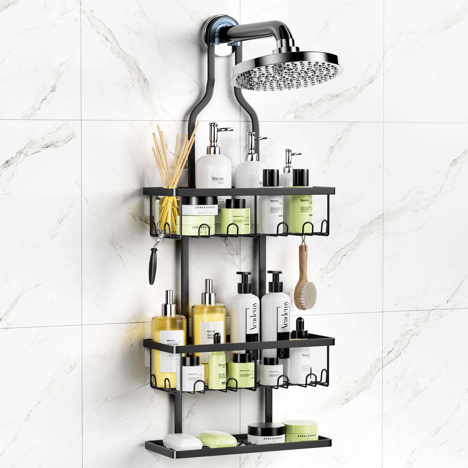 

Shower Caddy Hanging, Bathroom Shower Organizer Hanging, Black Shower Caddy Over Showerhead With Hooks And Adhesives, Anti-swing Shower Rack