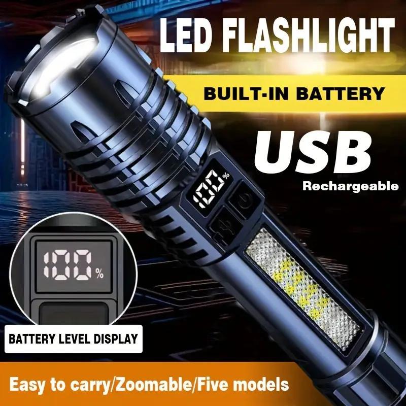 

1pc Multifunctional Led Flashlight With Digital Display, Usb Rechargeable, Cob Light, 5 , Portable Light For Camping And Emergencies, Headlamp Rechargeable