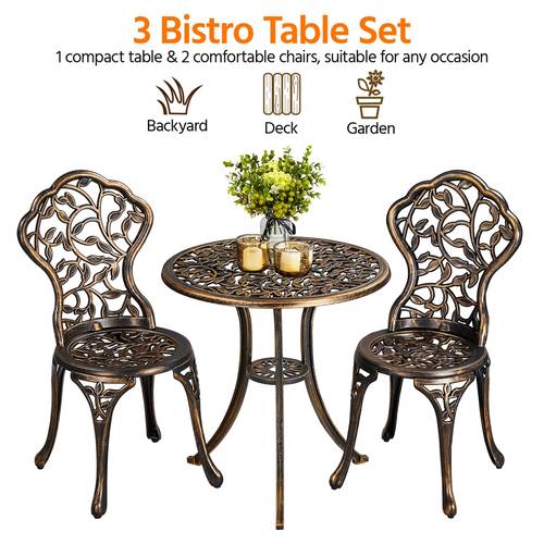 antique 3 piece outdoor bistro furniture set with leaf resistant cast aluminum table and chairs set all weather outdoor patio furniture for garden balcony porch and poolside bronze white green