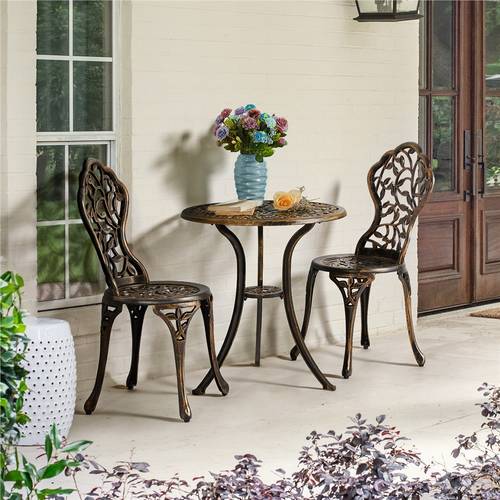 antique 3 piece outdoor bistro furniture set with leaf resistant cast aluminum table and chairs set all weather outdoor patio furniture for garden balcony porch and poolside bronze white green