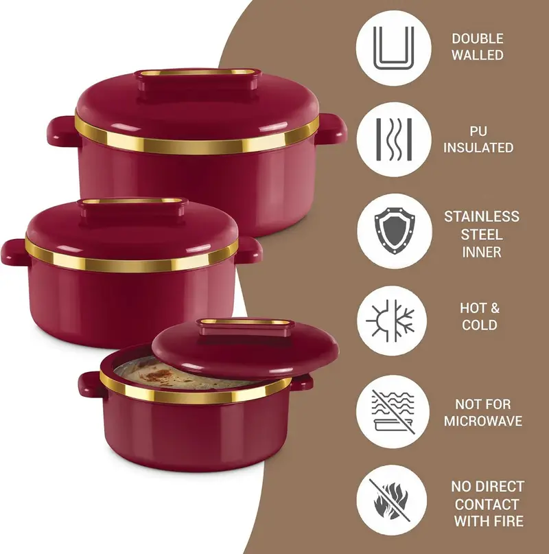3 pc insulated casserole set with lids 2 1 1 5 1 qt hot food warmer cooler stainless steel thermal serving bowls ideal for soups salads hot meals perfect gift for moms holidays Product details 2