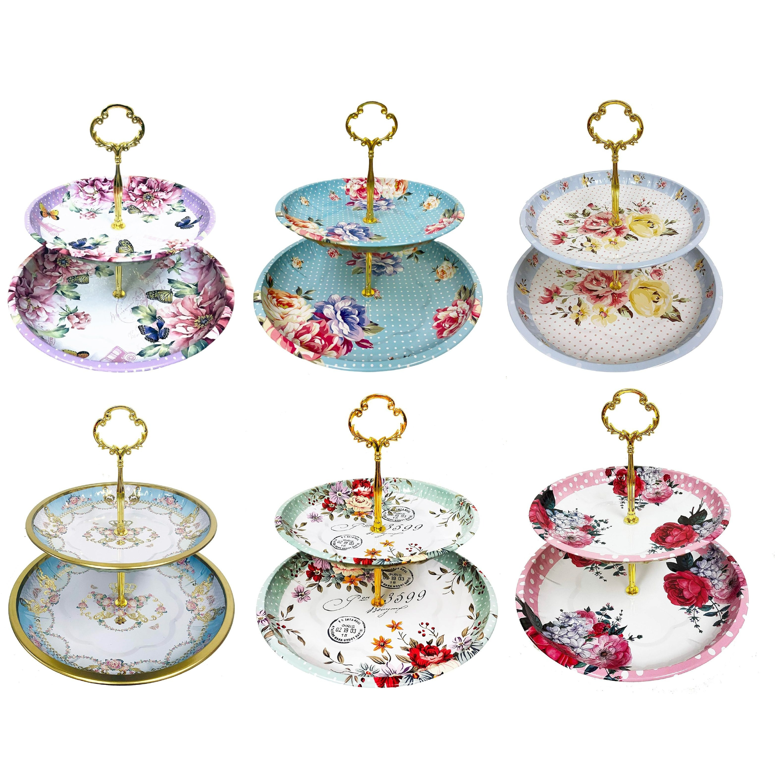 vintage floral roses pattern 2 tier metal cake and pastry dessert stand server great for tea party