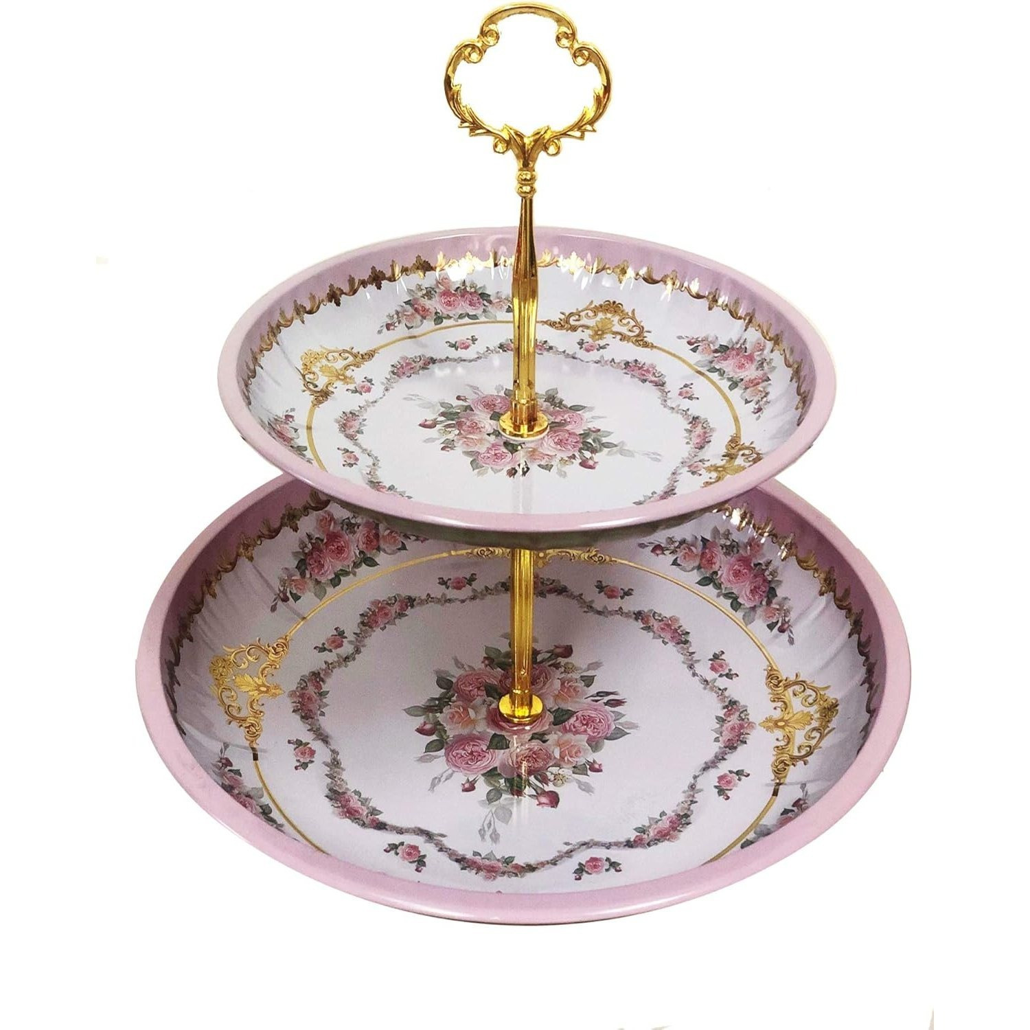 TEMU Vintage Floral Roses Pattern 2 Tier Metal Tin Cake And Pastry Dessert Stand Great For