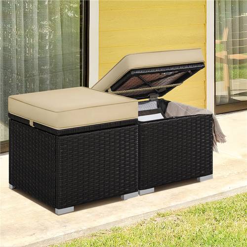 2pcs rattan ottomans with hidden storage removable cushions outdoor patio furniture ottoman set versatile resin wicker footstools side tables seating for garden balcony deck khaki gray blue