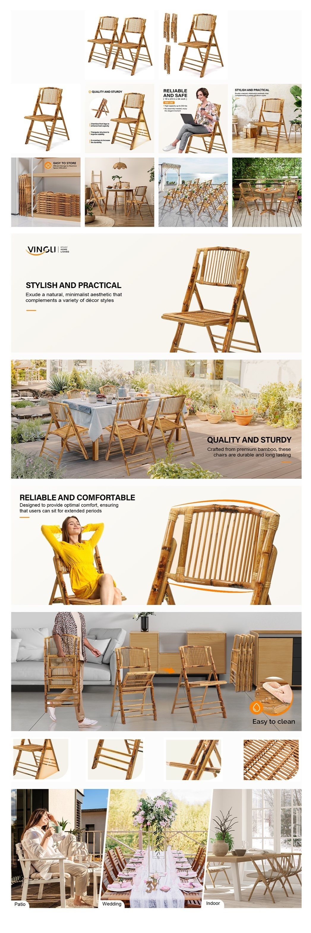 VINGLI 1/2/4 Pack Wooden Chairs Bamboo Folding Chairs-Foldable Dining Wood Chairs Comfortable Seat for Outdoor & Indoor Patio Porch Wedding Party Event Bamboo Folding Dining Chairs Set of 1/2/4