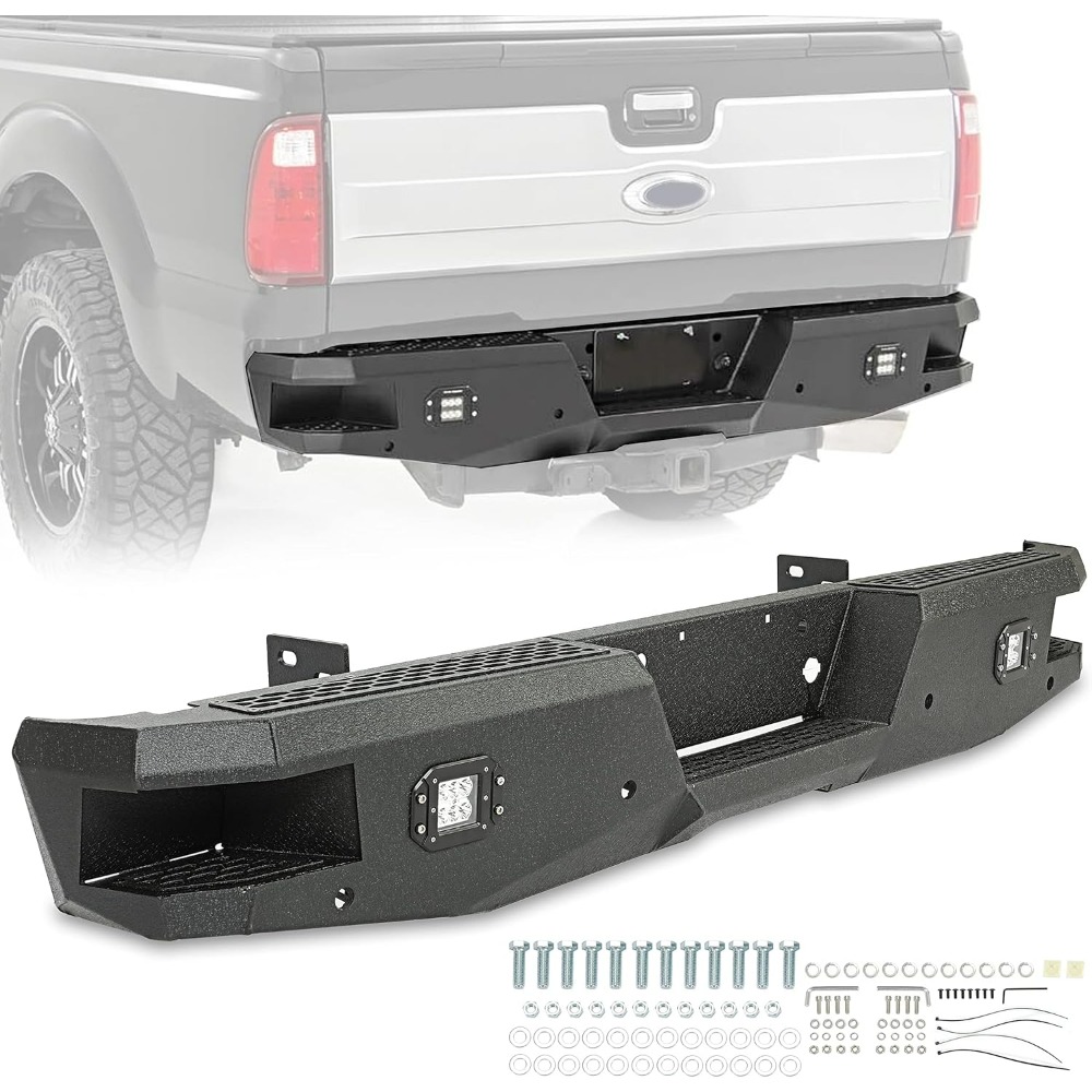 Heavy Duty Offroad Rear Bumper For 1999- , Black Powder Coated Steel With 2 X 18w Led Lights