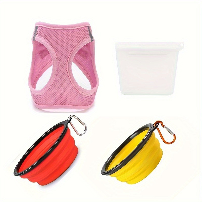 

4-piece Pet Travel Set, Dog Harness Pet Silicone Food Utensils Foldable Dog Basin, Suitable For Small And Medium-sized Dogs To Wear Leashes, Outdoor Feeding And Watering