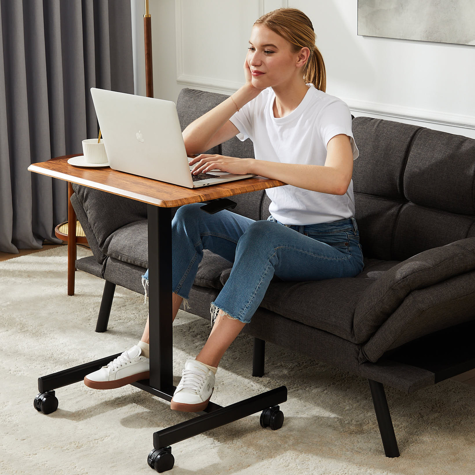 mcq white black rust small standing desk mobile portable rolling laptop desk on wheels adjustable height table for home office 19 inch Product details 0