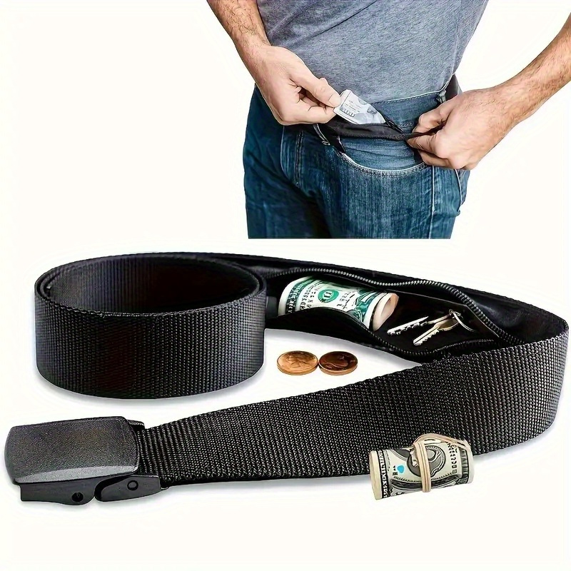 

Belt With Hidden Money Pocket - Tsa Approved Nylon Anti-theft Wallet Belt, Concealed Zipper , Casual Multifunctional Travel Accessory With Plastic , Black - 1 Pack