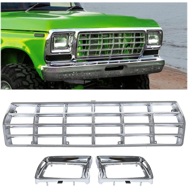 Grille & Headlight Bezel For 1978-1979 Ford , , F150, , F350 Replacement For Fo1200111, D8tz8150c, Fo2513115, Fo2512114, Chrome Abs Plastic