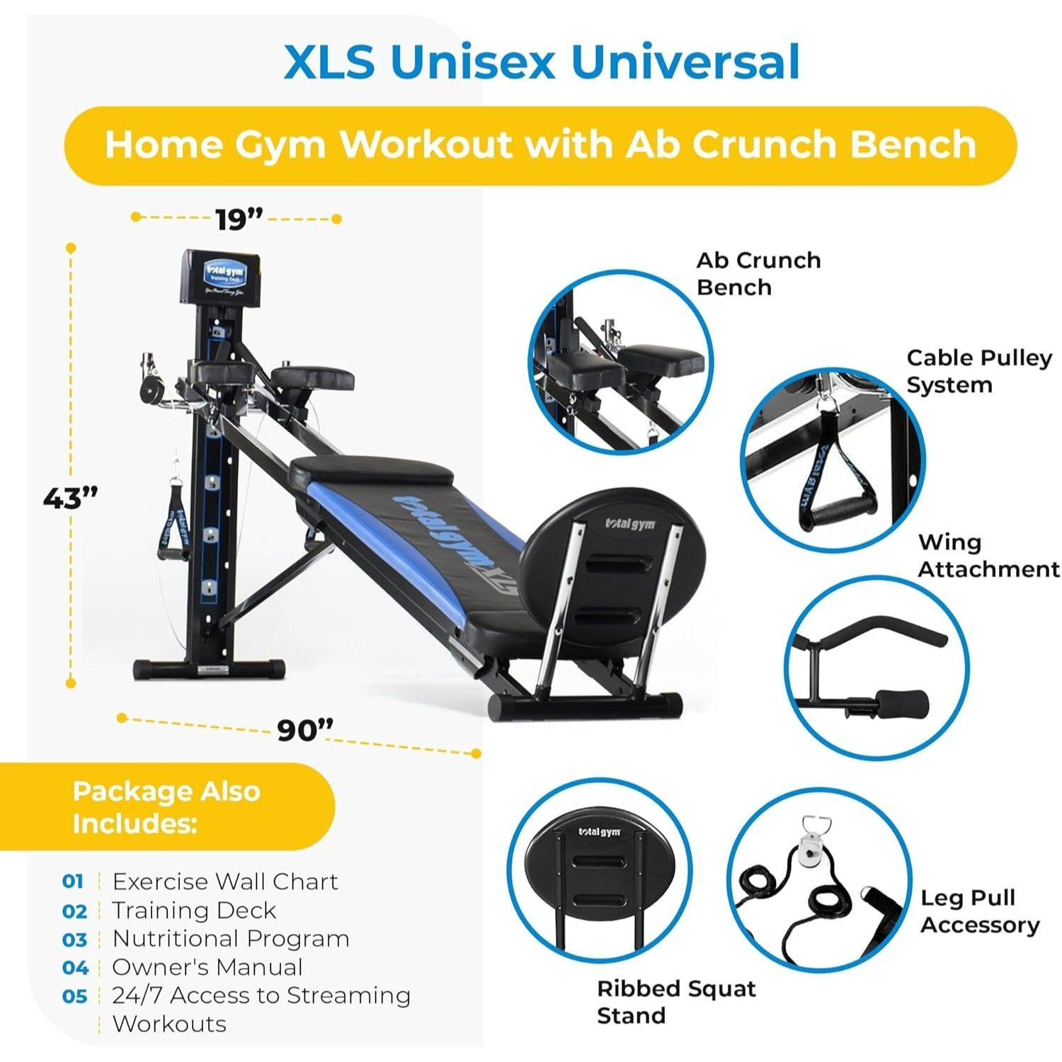 Total Gym Men and Women Universal Total Body Training Home Gym Workout Machine Equipment with Squat Stand, Leg Pull, 2 Ankle Cuffs, and Exercise Chart
